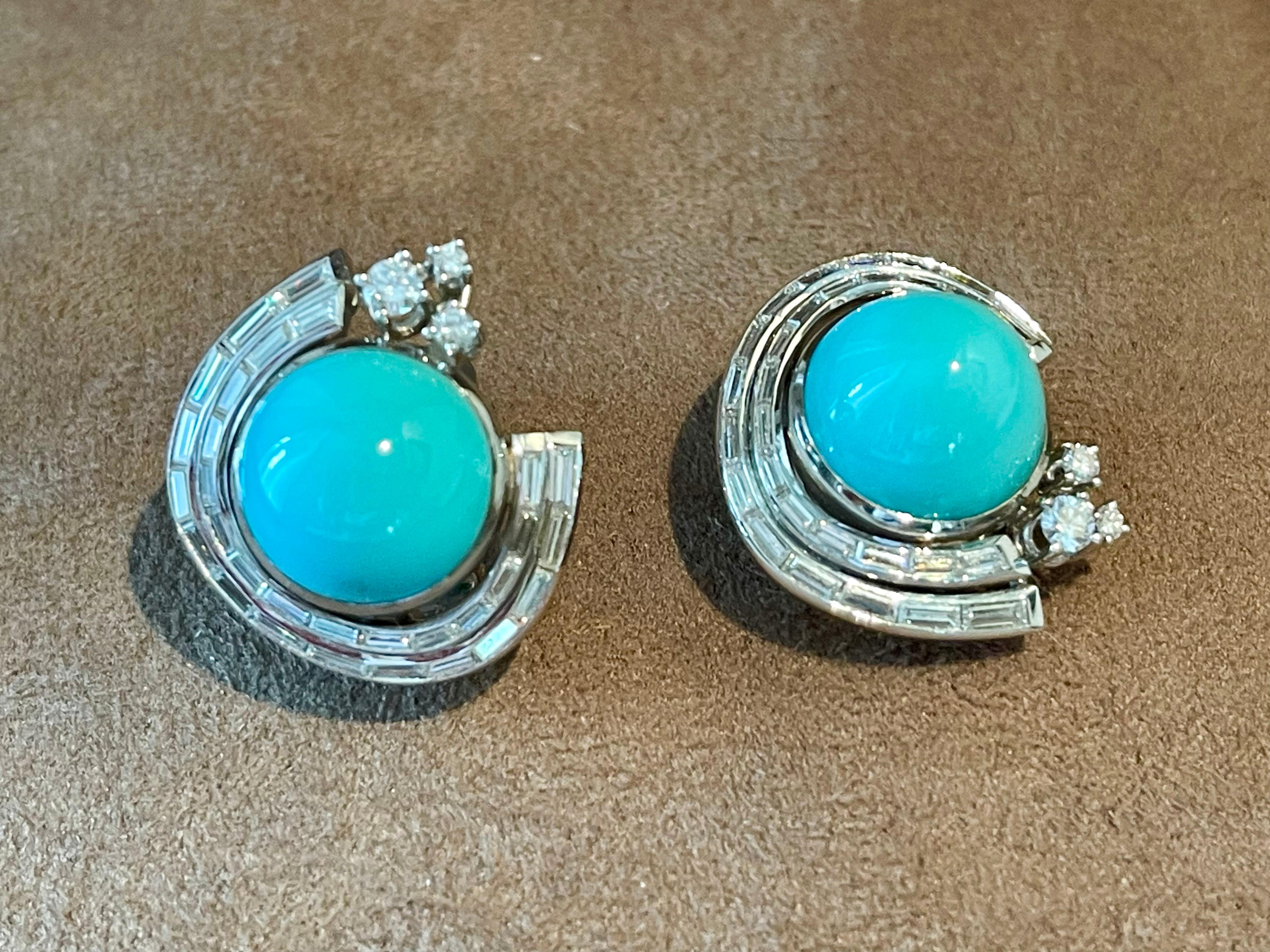 Vintage 18 K white Gold Paul Binder earclips Turquoise and Diamonds For Sale 1