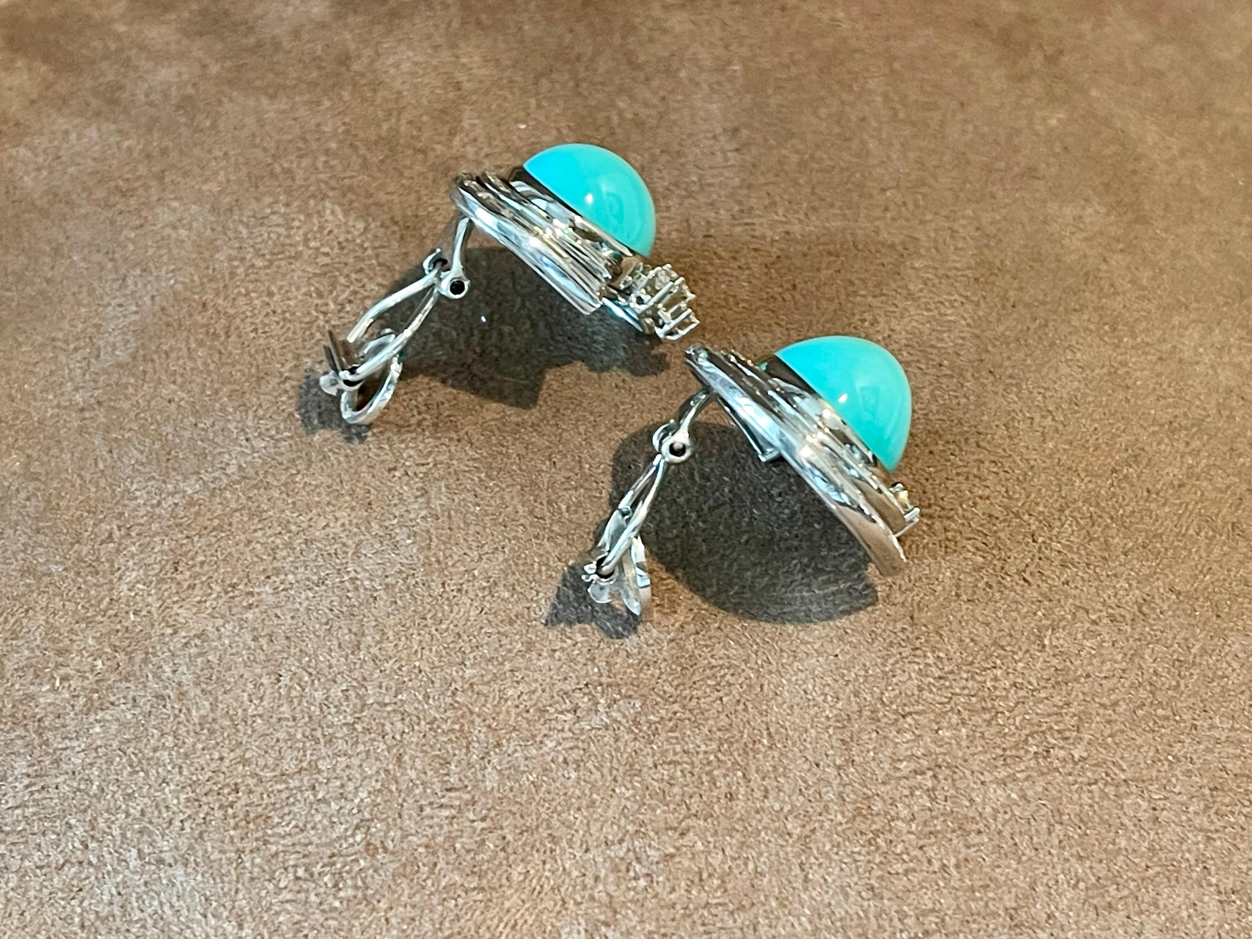Vintage 18 K white Gold Paul Binder earclips Turquoise and Diamonds For Sale 2