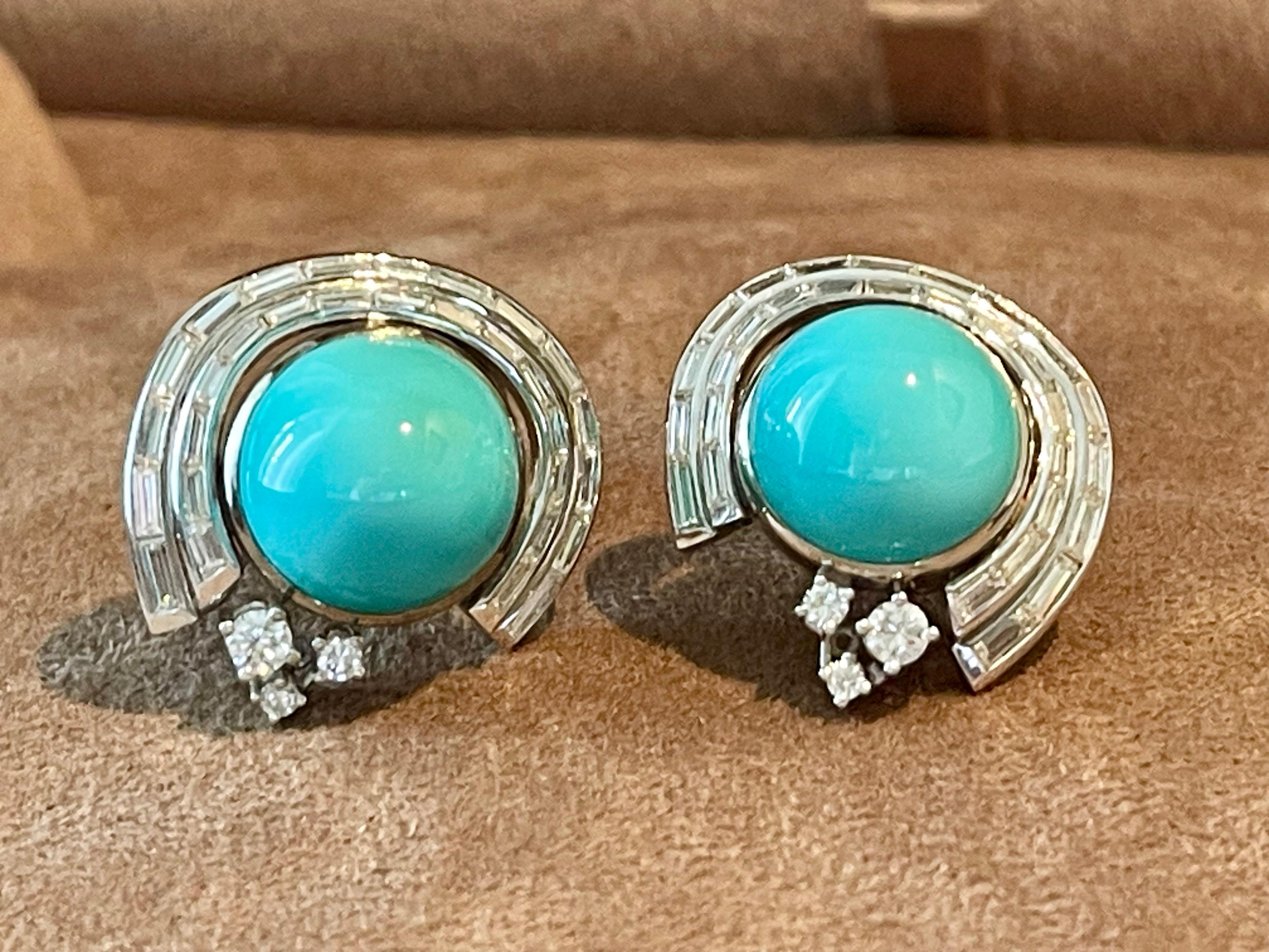 Vintage 18 K white Gold Paul Binder earclips Turquoise and Diamonds For Sale 3