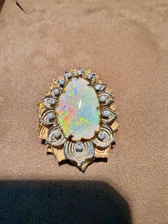 Vintage 18 K white yellow Gold Opal Diamond Brooch Pendant