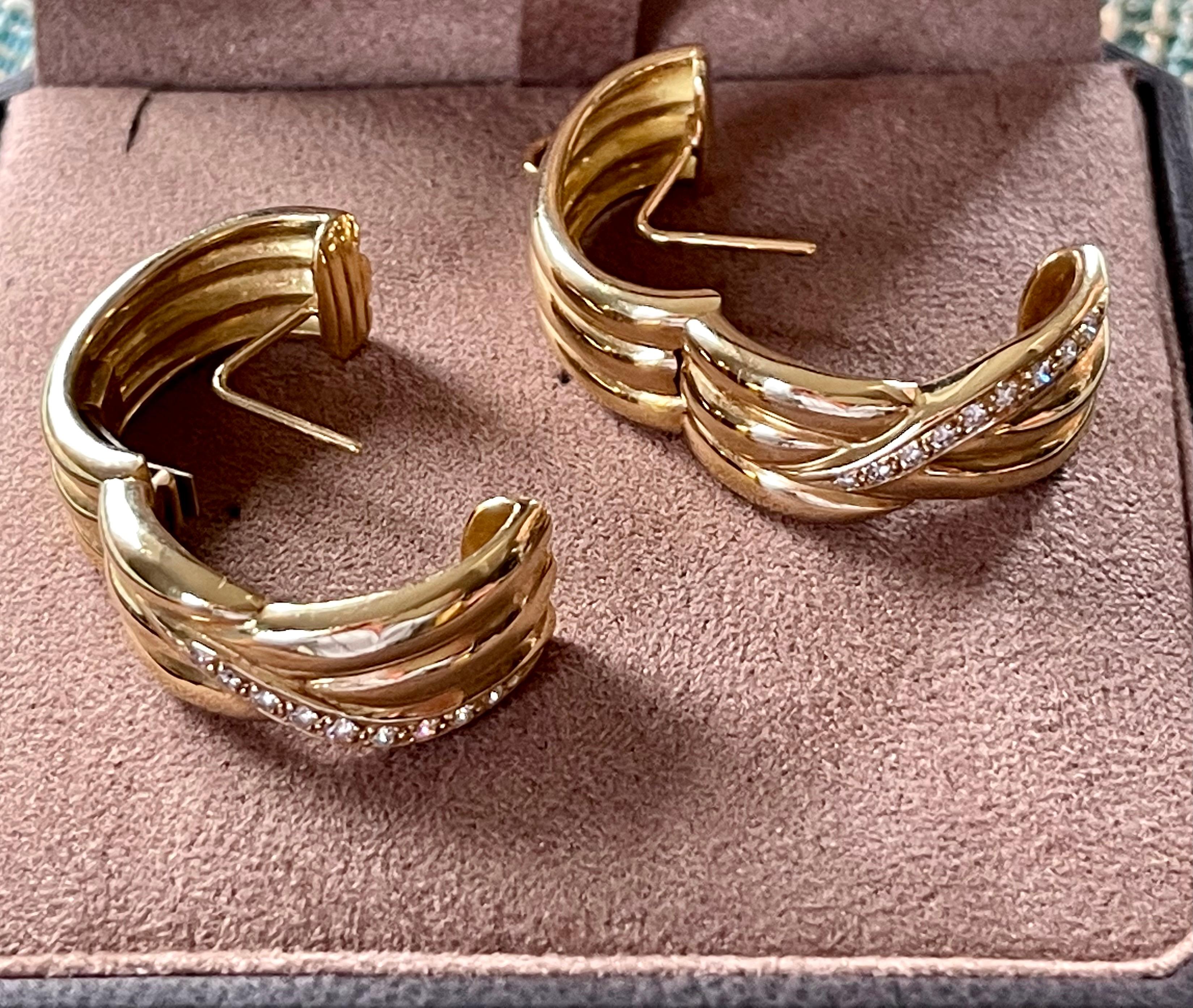 Women's or Men's Vintage 18 K Yellow Gold Diamond Hoop Earrings, circa 1980 For Sale