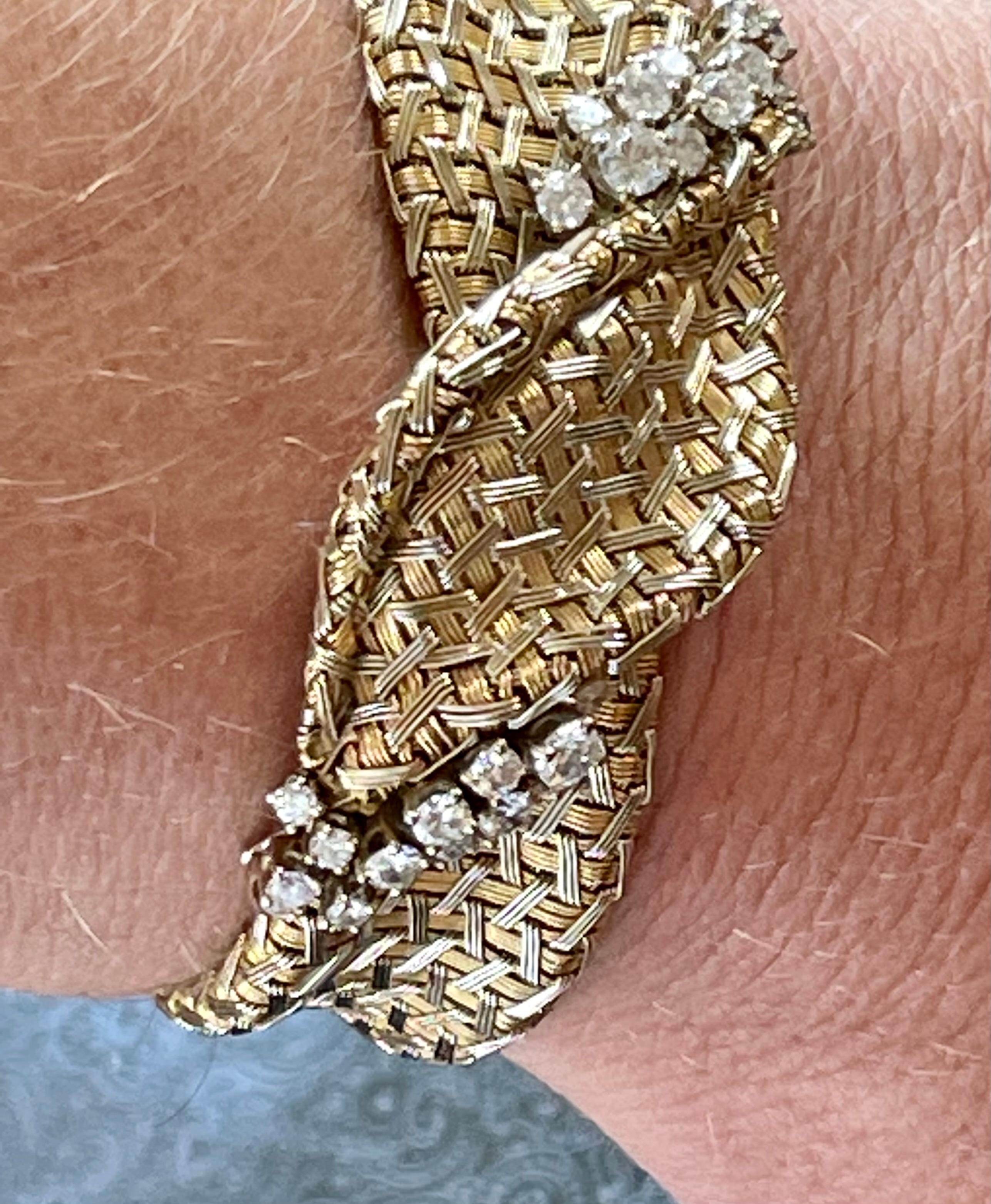 Retro Vintage 18 K Yellow Gold Diamond Mesh Bracelet Signed Meister Zurich For Sale