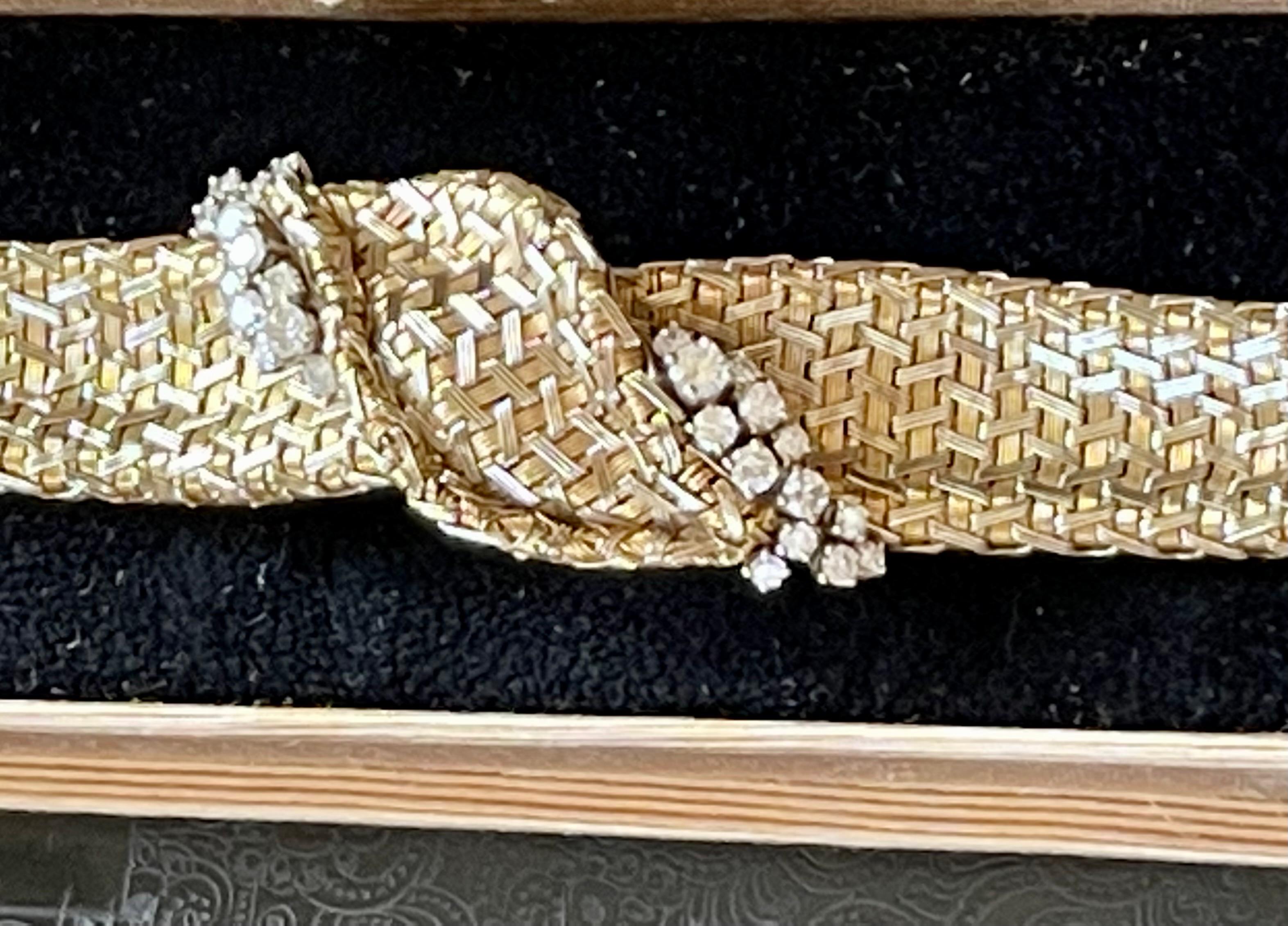 Brilliant Cut Vintage 18 K Yellow Gold Diamond Mesh Bracelet Signed Meister Zurich For Sale