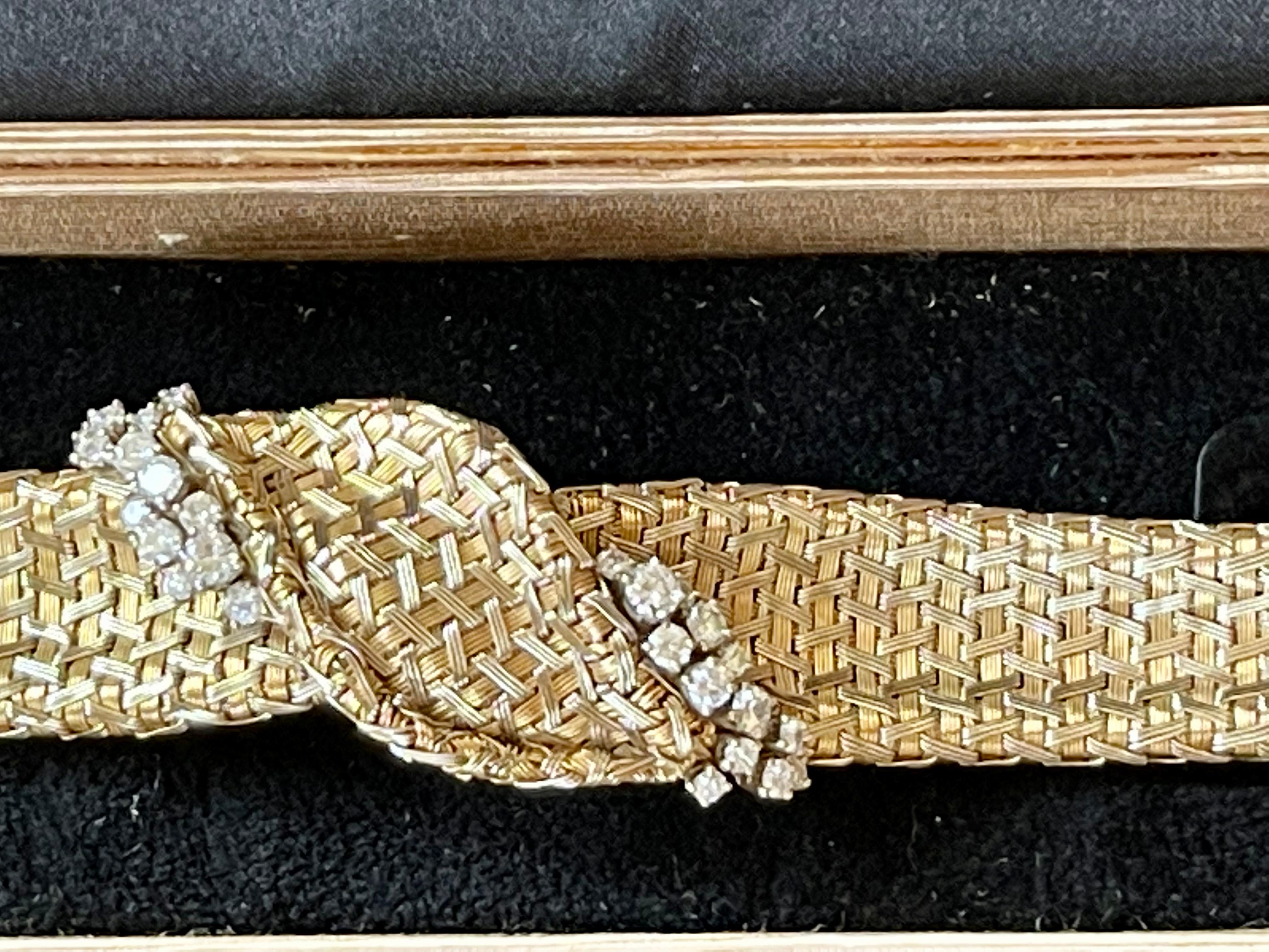 Women's Vintage 18 K Yellow Gold Diamond Mesh Bracelet Signed Meister Zurich For Sale