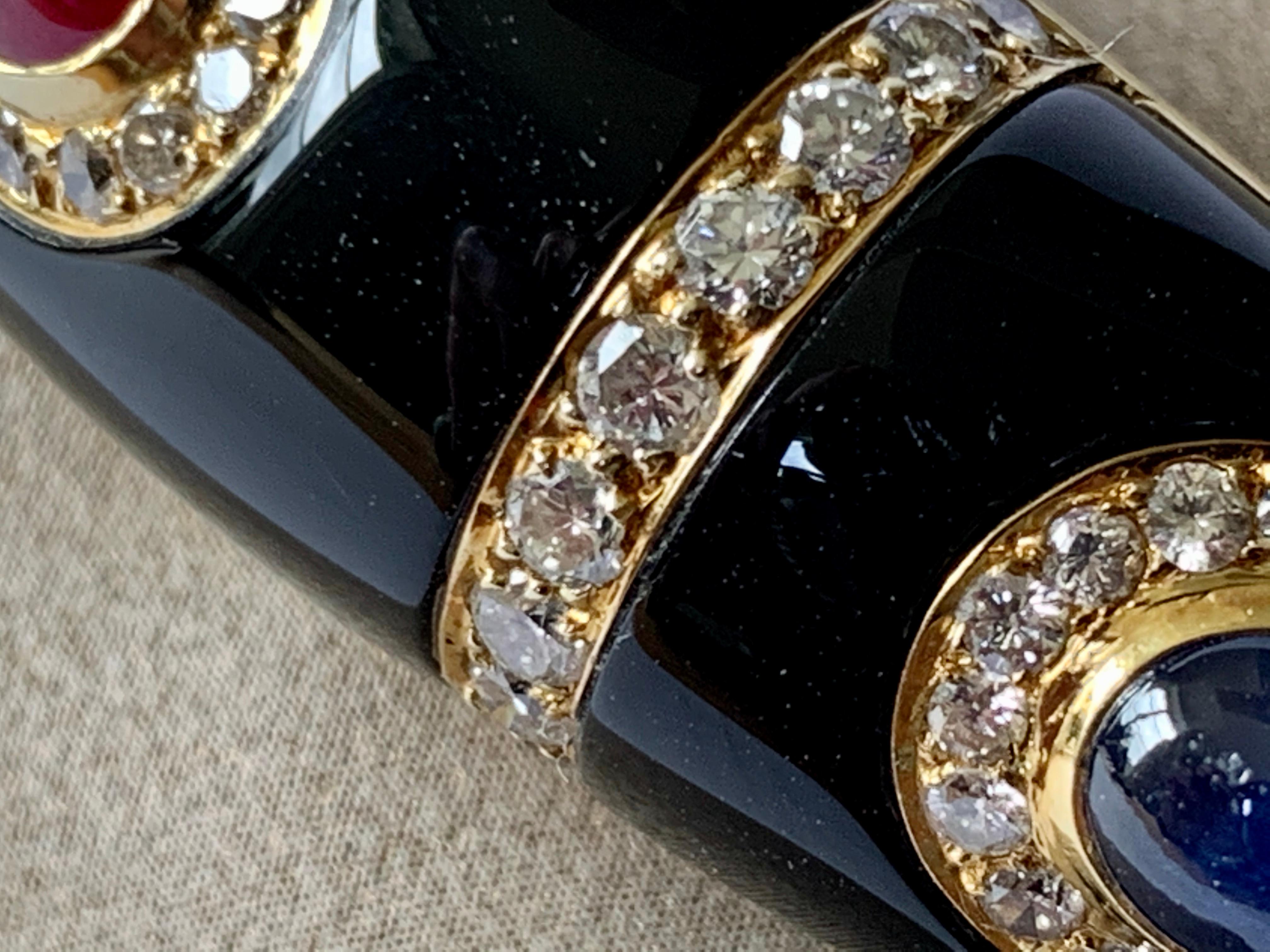 Contemporary Vintage 18 Karat Yellow Gold Enamel Diamond Ruby Sapphire Emerald Bangle For Sale