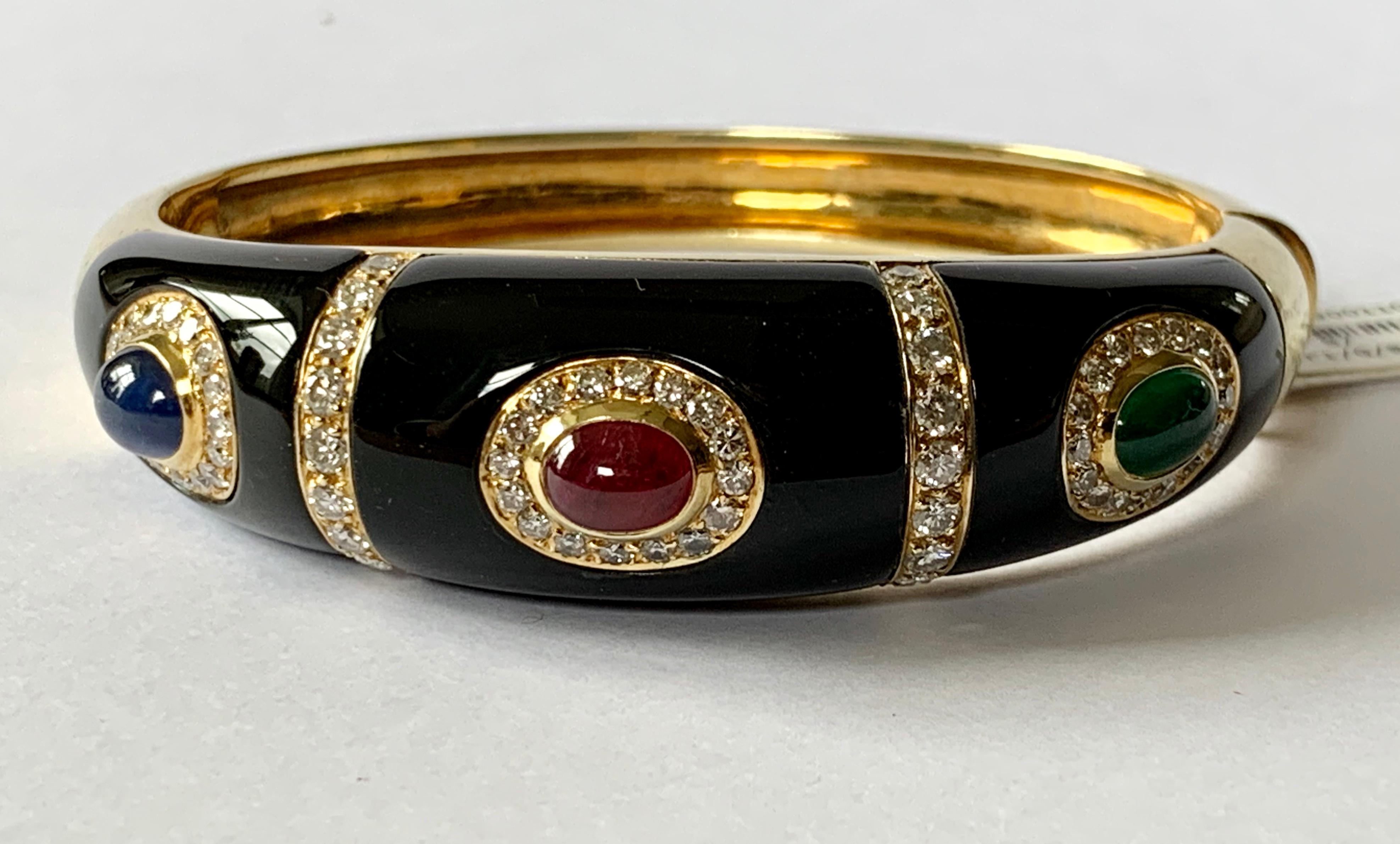 Women's or Men's Vintage 18 Karat Yellow Gold Enamel Diamond Ruby Sapphire Emerald Bangle For Sale