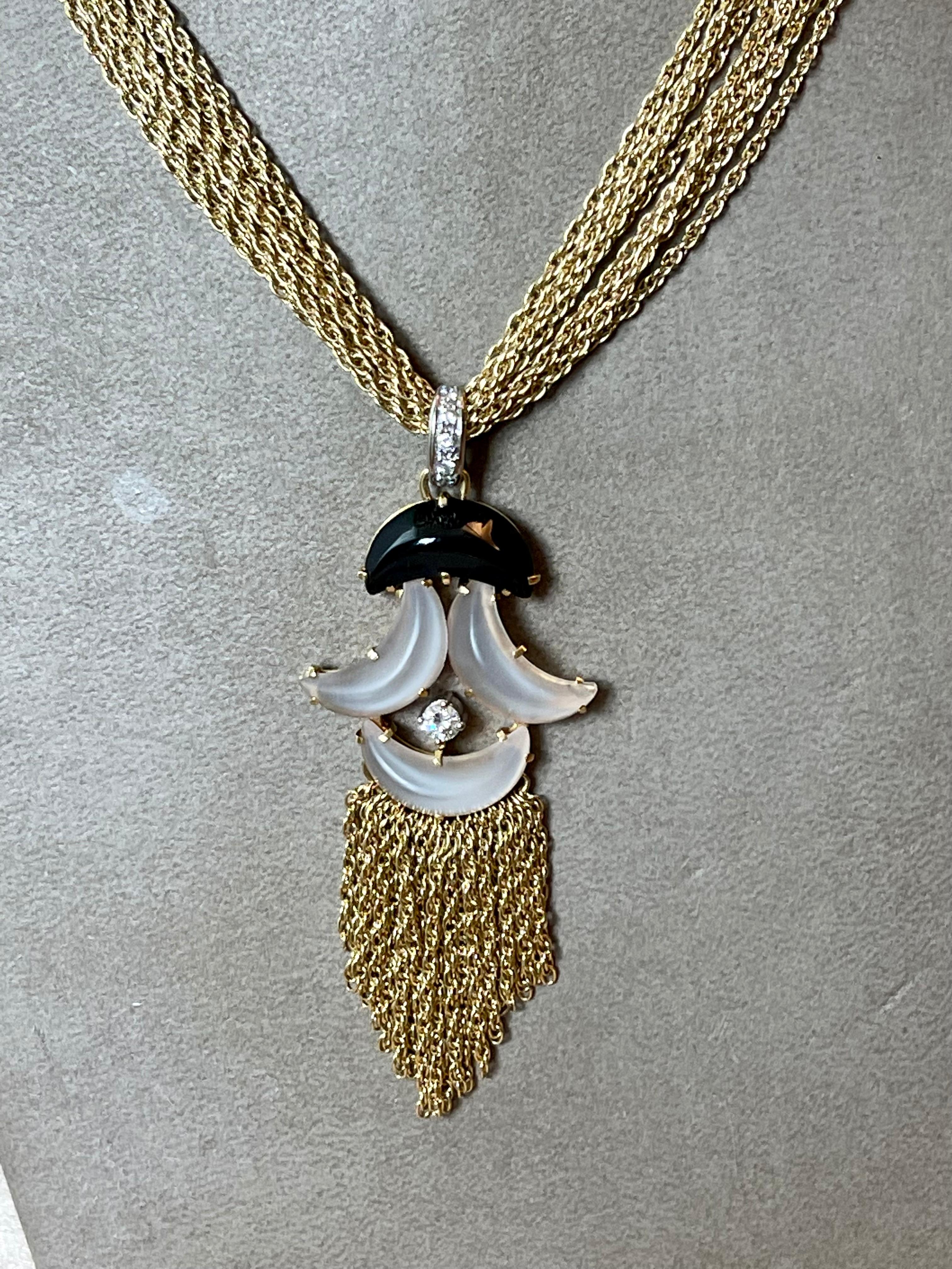 Vintage 18 K Yellow Gold Necklace Pendant Diamond Rock Crystal Onyx by Tännler In Good Condition For Sale In Zurich, Zollstrasse