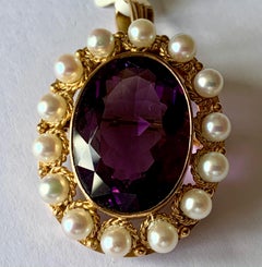 Vintage 18 K Yellow Gold Victorian Inspired Brooch/Pendant Amethyst and Pearls