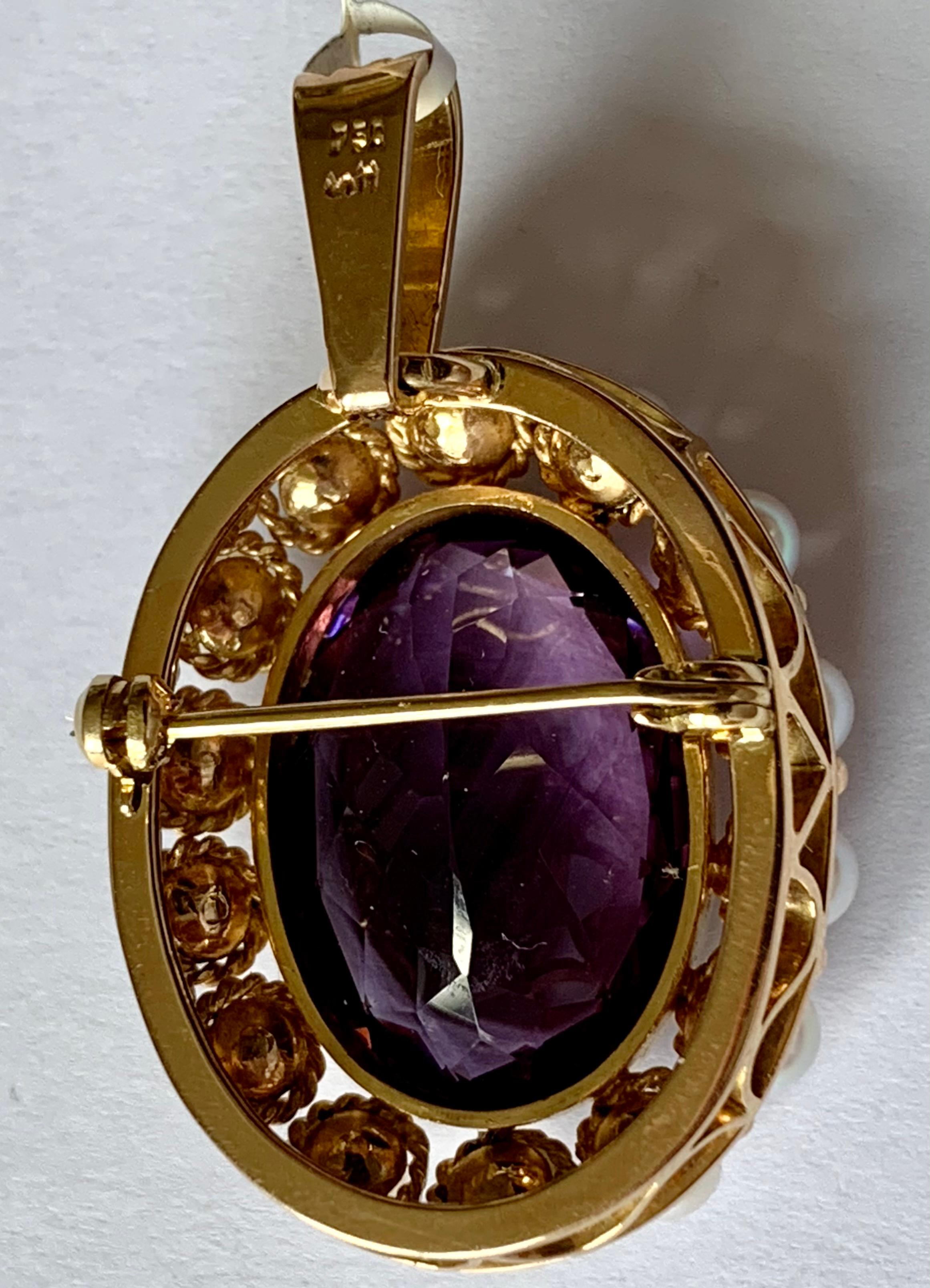 Broche/pendentif vintage d'inspiration victorienne en or jaune 18 carats avec améthyste et perles Bon état - En vente à Zurich, Zollstrasse