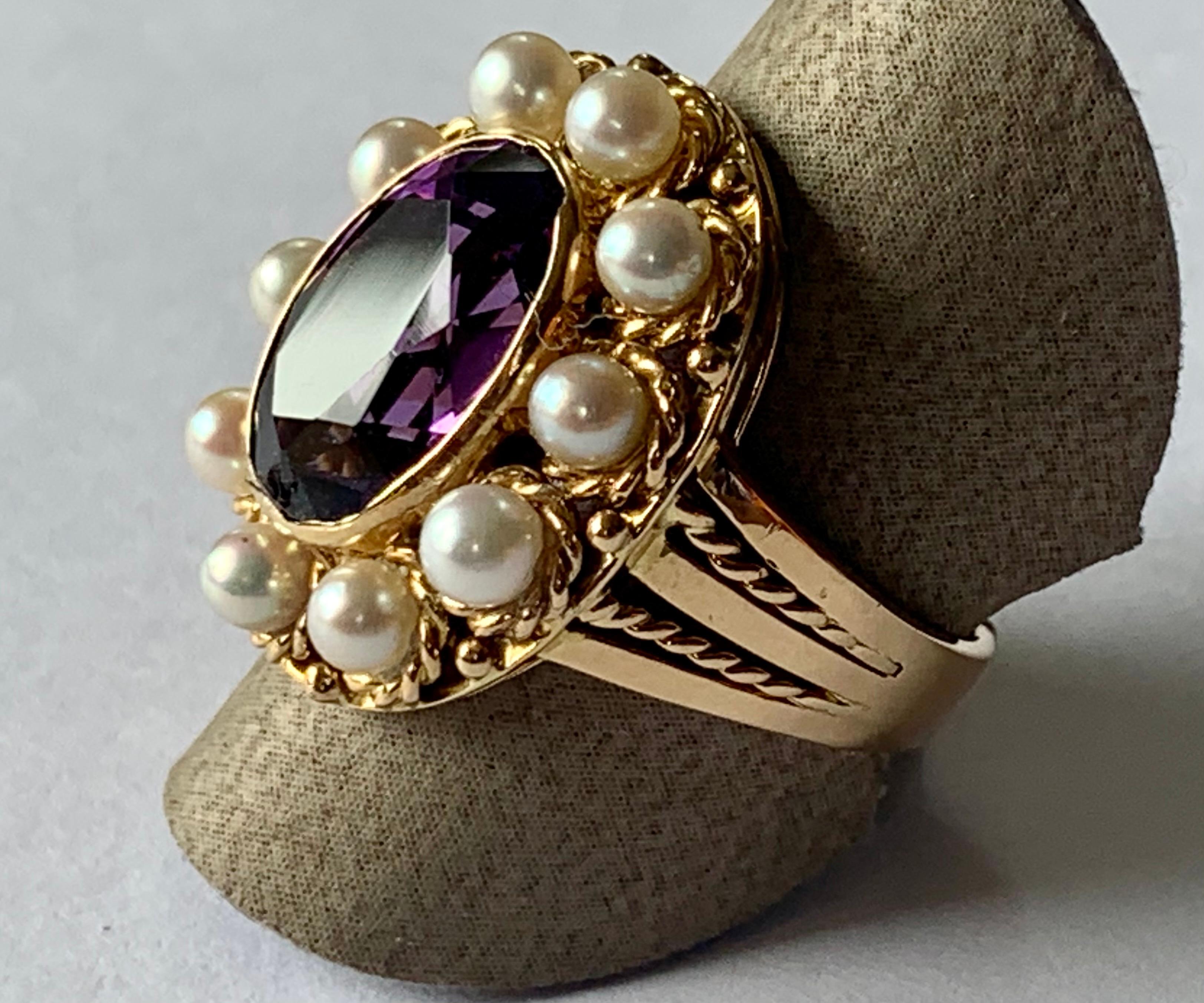 Oval Cut Vintage 18 K Yellow Gold Victorian Inspired Ring with Amethyst and Pearls For Sale