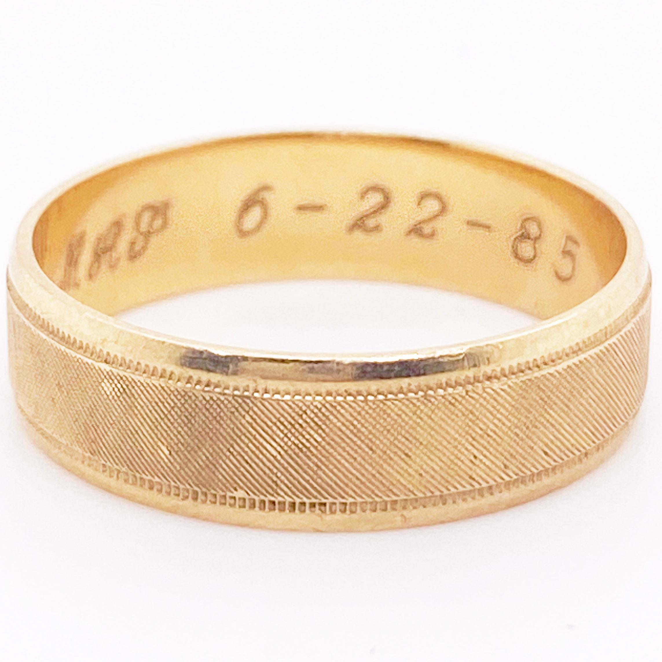 This vintage circa 1985 ring is made of solid 18 karat yellow gold and is 6 millimeters wide. It has a gorgeous cross florentine finish in the center and high polish on the edges.  The 6 millimeters width is the most popular width for a man’s band.