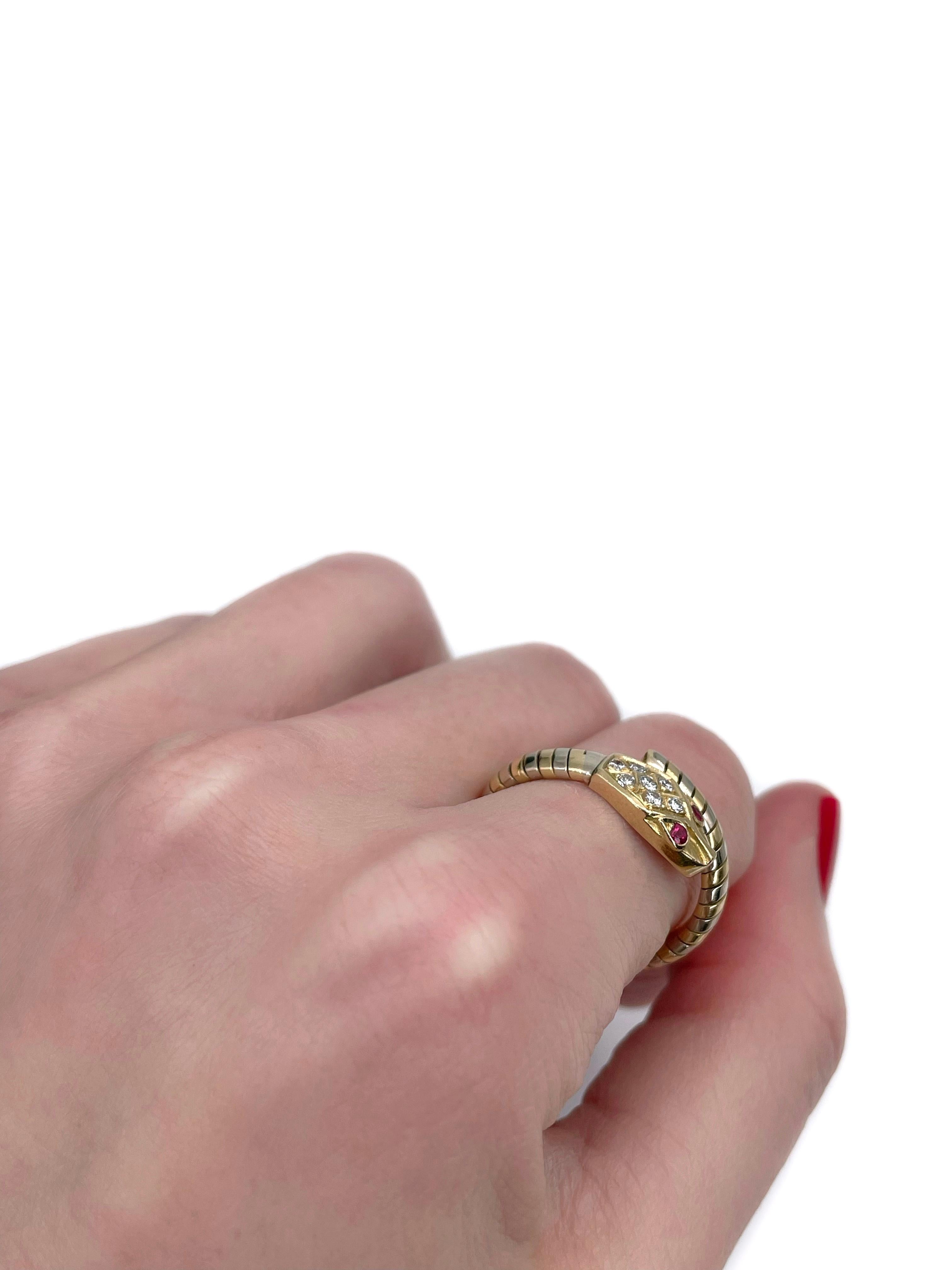 Mixed Cut Vintage 18 Karat Bi-Colour Gold 0.16 Carat Diamond Ruby Flexible Snake Ring For Sale