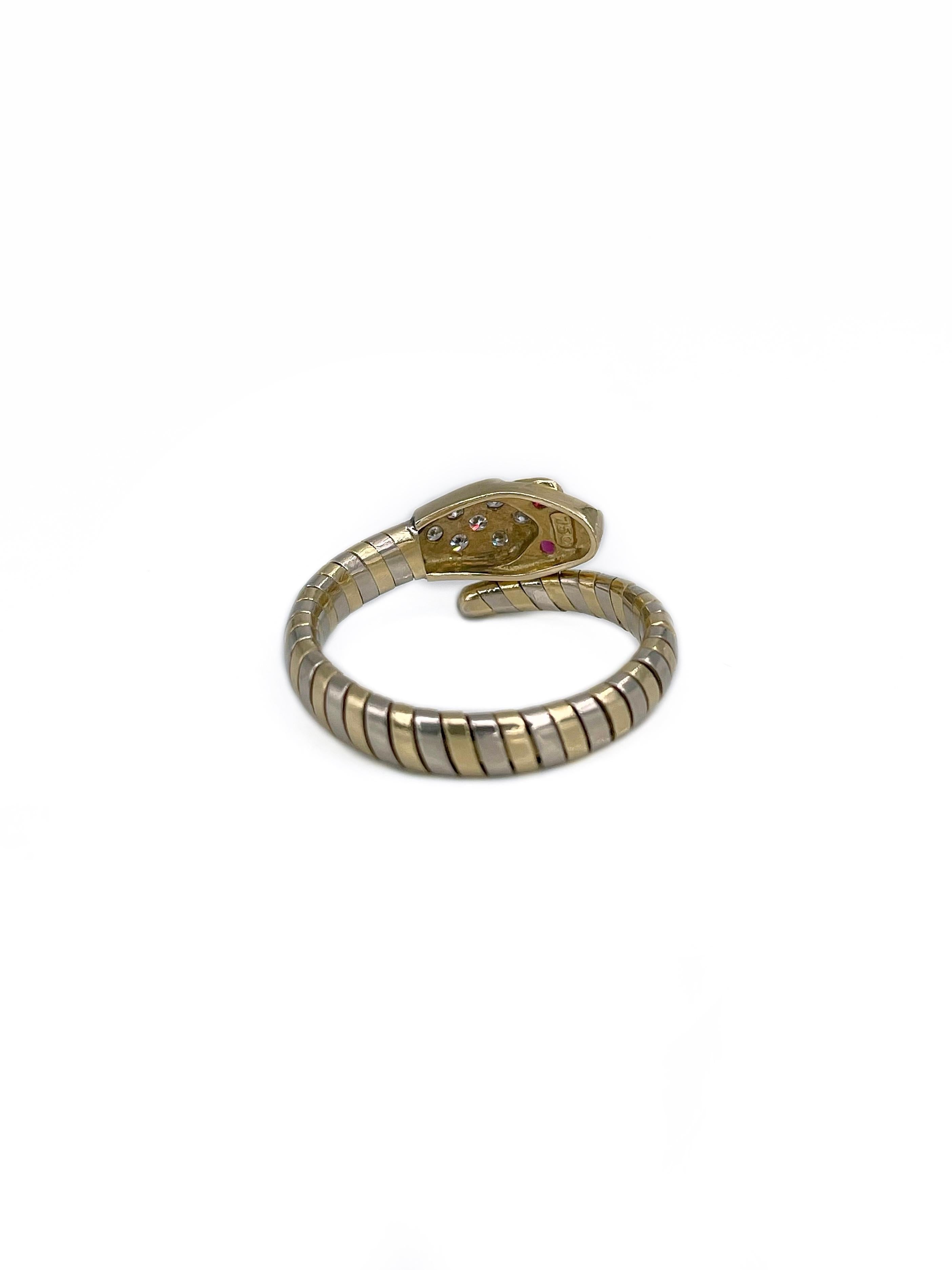 Vintage 18 Karat Bi-Colour Gold 0.16 Carat Diamond Ruby Flexible Snake Ring In Good Condition For Sale In Vilnius, LT