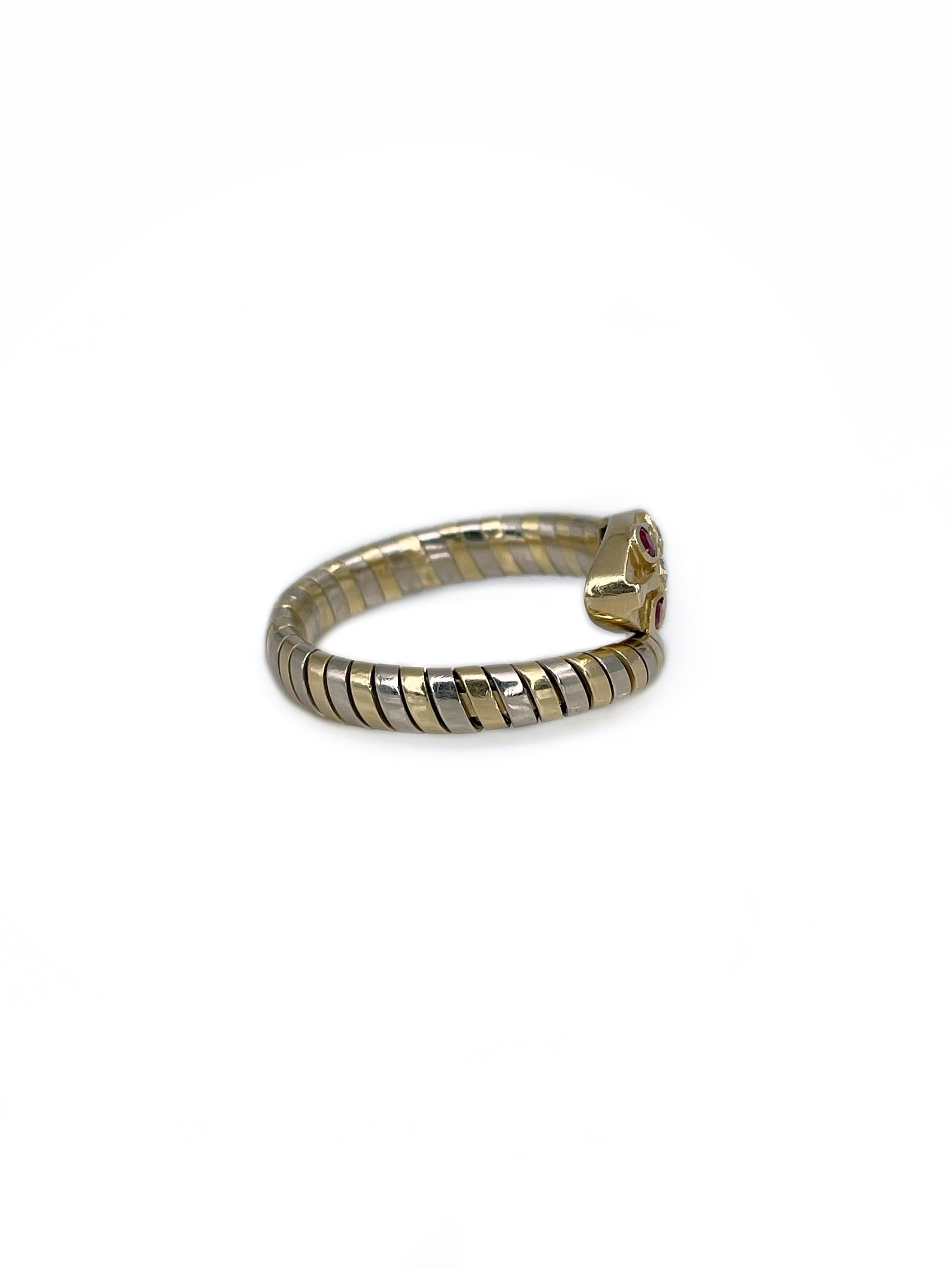 Women's Vintage 18 Karat Bi-Colour Gold 0.16 Carat Diamond Ruby Flexible Snake Ring For Sale