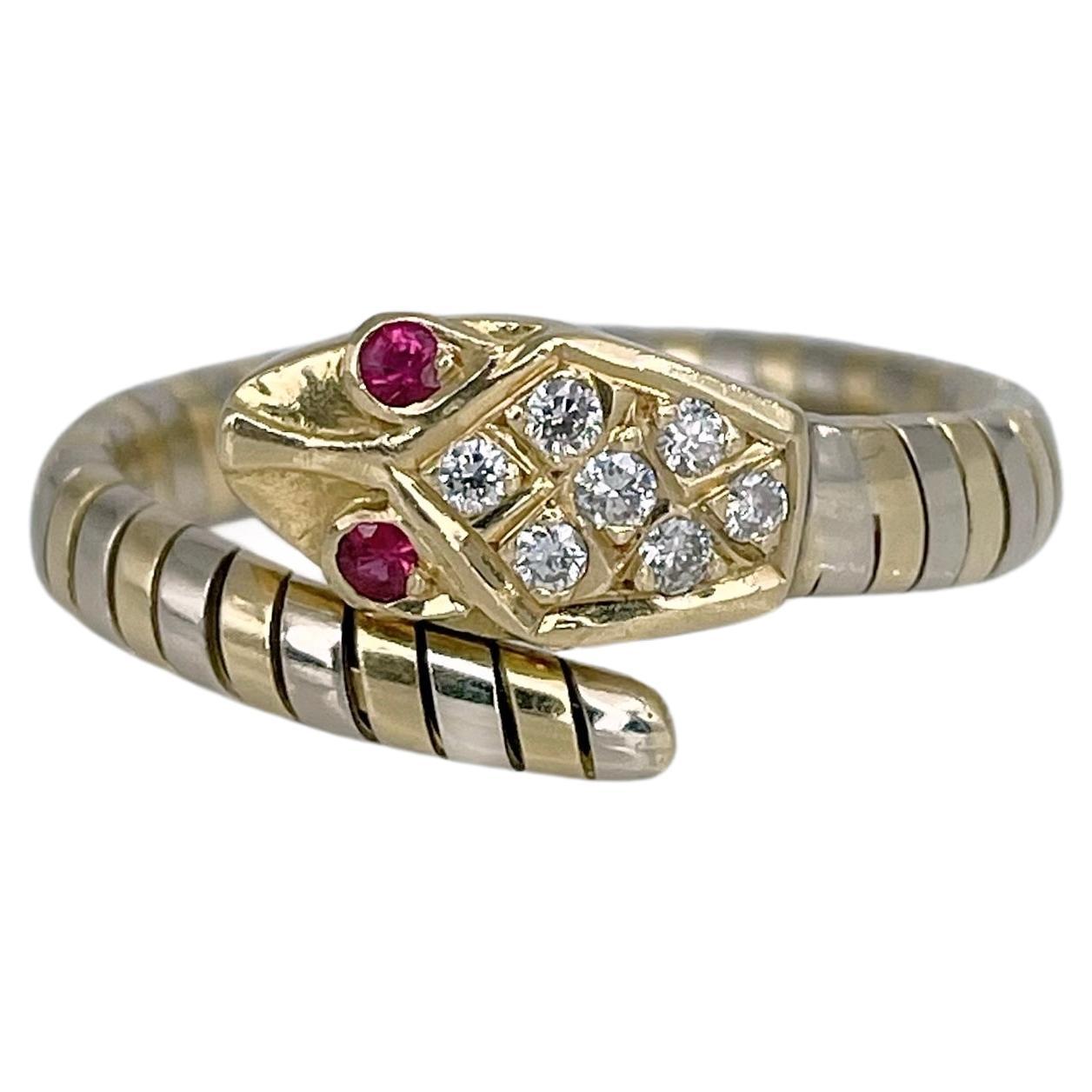 Vintage 18 Karat Bi-Colour Gold 0.16 Carat Diamond Ruby Flexible Snake Ring For Sale