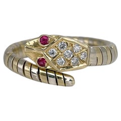 Vintage 18 Karat Bi-Colour Gold 0.16 Carat Diamond Ruby Flexible Snake Ring