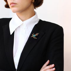 Vintage 18 Karat Bird in Flight Brooch Turquoise Sapphire and Rubies, circa 1960