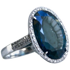 Vintage 18 Karat Blue Topaz and Diamond Halo Ring Engagement Ring, 20.99 Carat
