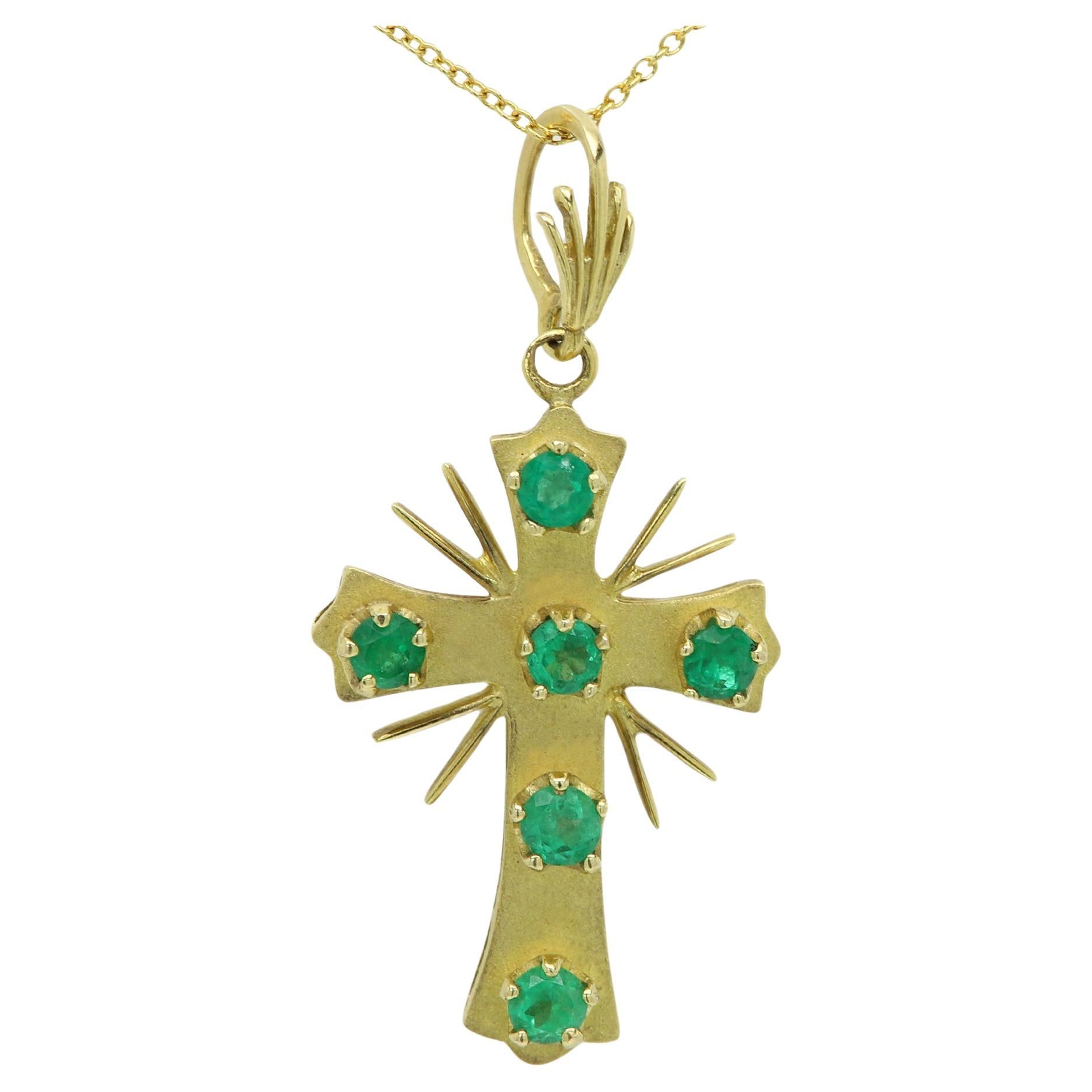 Vintage 18 Karat Cross with Natural Emeralds Gems Gold Emerald Cross For Sale
