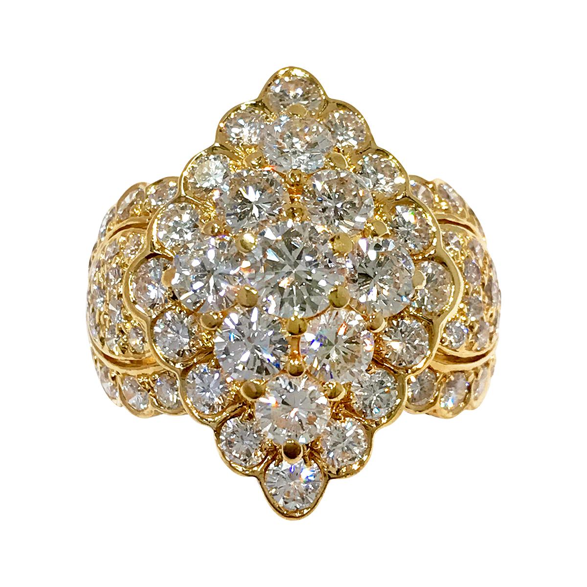 Vintage 18 Karat Yellow Gold Diamond Cluster Cocktail Ring. This dazzling ring features sixty-one (61) round diamonds, prong and bezel set creating a diamond-shaped pattern. The total carat weight of the diamonds is 4.20ctw. The diamonds are VS1-VS2