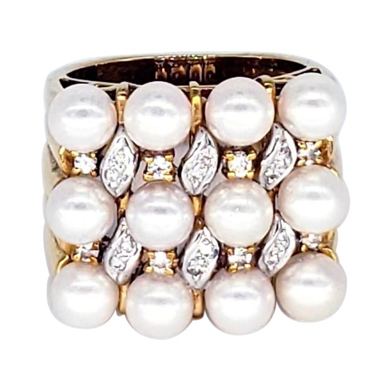 Bague de mariage vintage en or 18 carats avec diamants et perles en vente