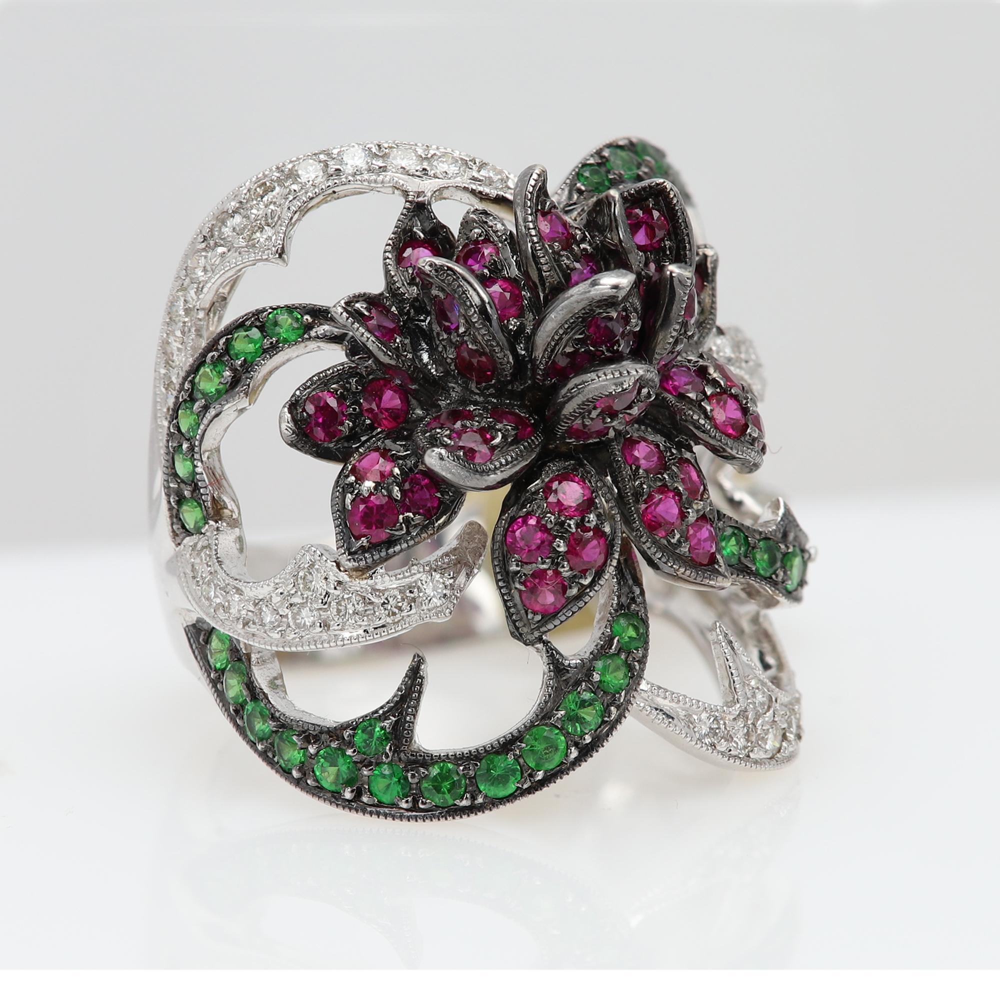 Rose Cut Vintage 18 Karat Flower Ring Ruby Tsavorite and Diamonds Natural gemstones For Sale