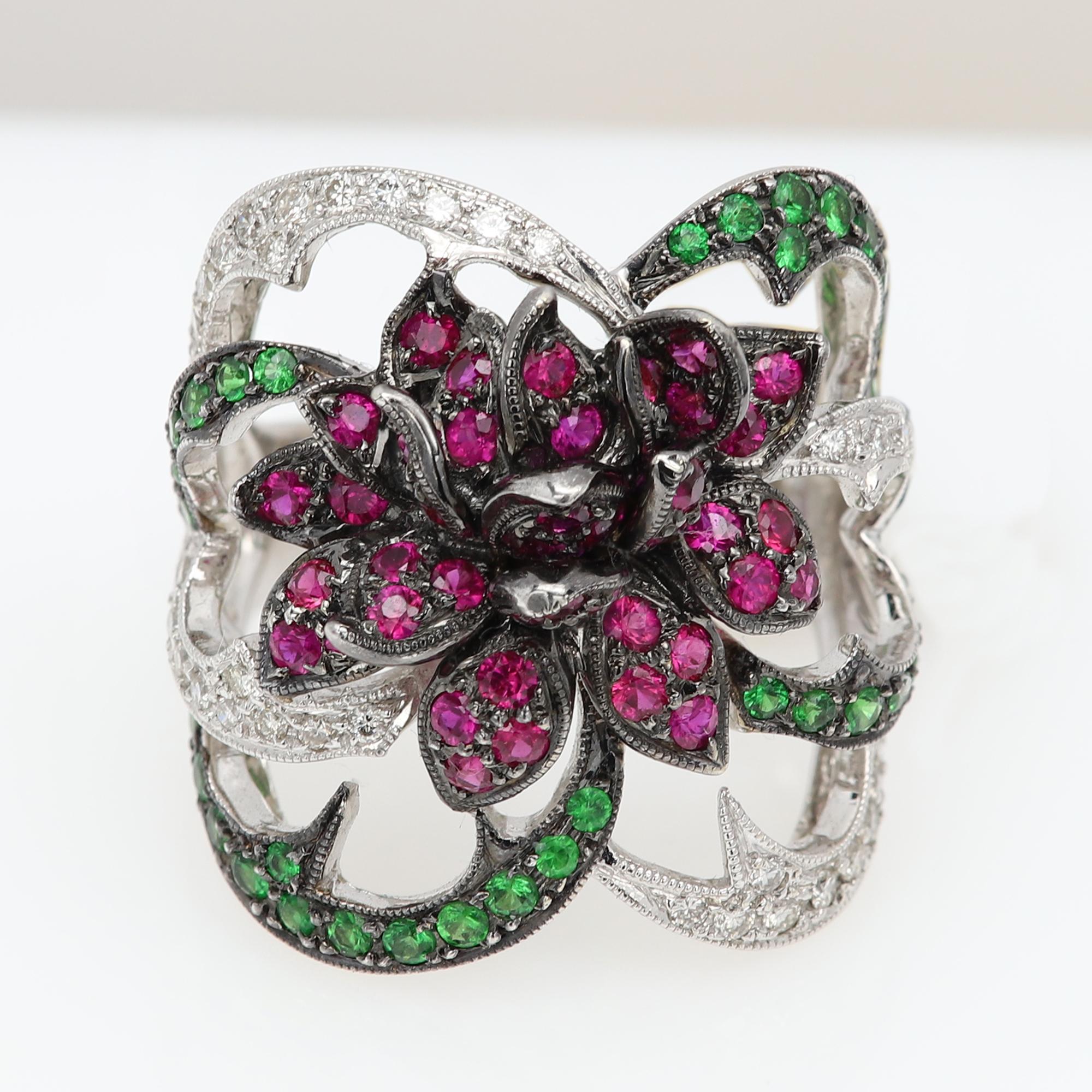 Women's Vintage 18 Karat Flower Ring Ruby Tsavorite and Diamonds Natural gemstones For Sale