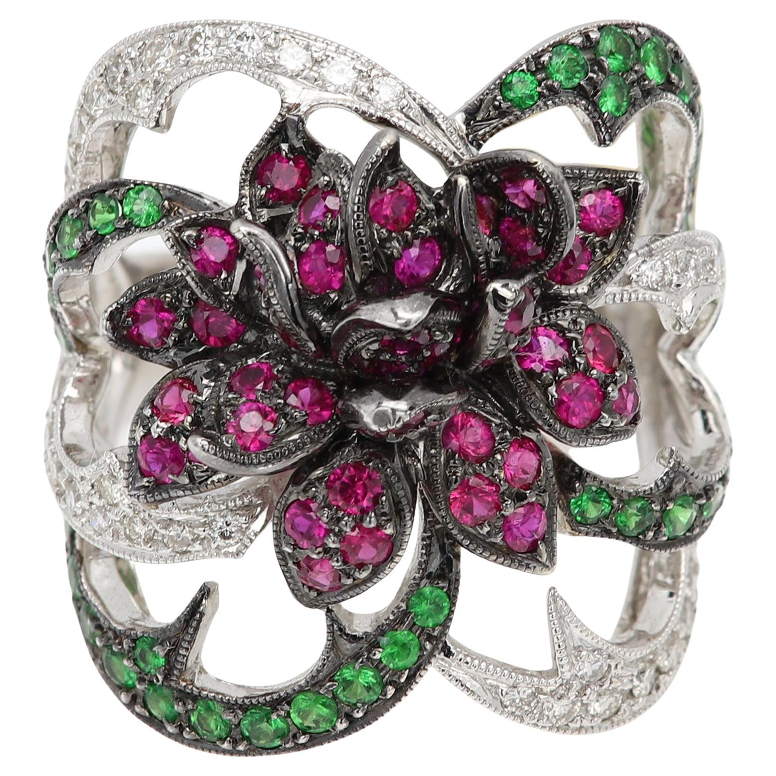 Vintage 18 Karat Flower Ring Ruby Tsavorite and Diamonds Natural gemstones For Sale
