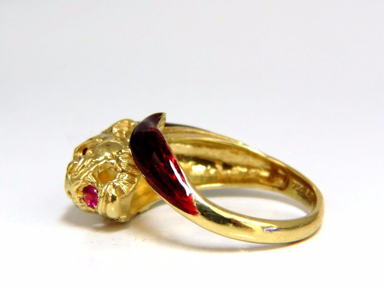3D Gargoyle Gothic Vintage Endless Ring

Intricate enamel details.

.10ct of natural red Rubies.

  18kt. yellow gold

6.6 grams

Adjustable Ring Current size: 8-8.5

Ring is  12mm wide (ear to tail)

Depth: 8mm