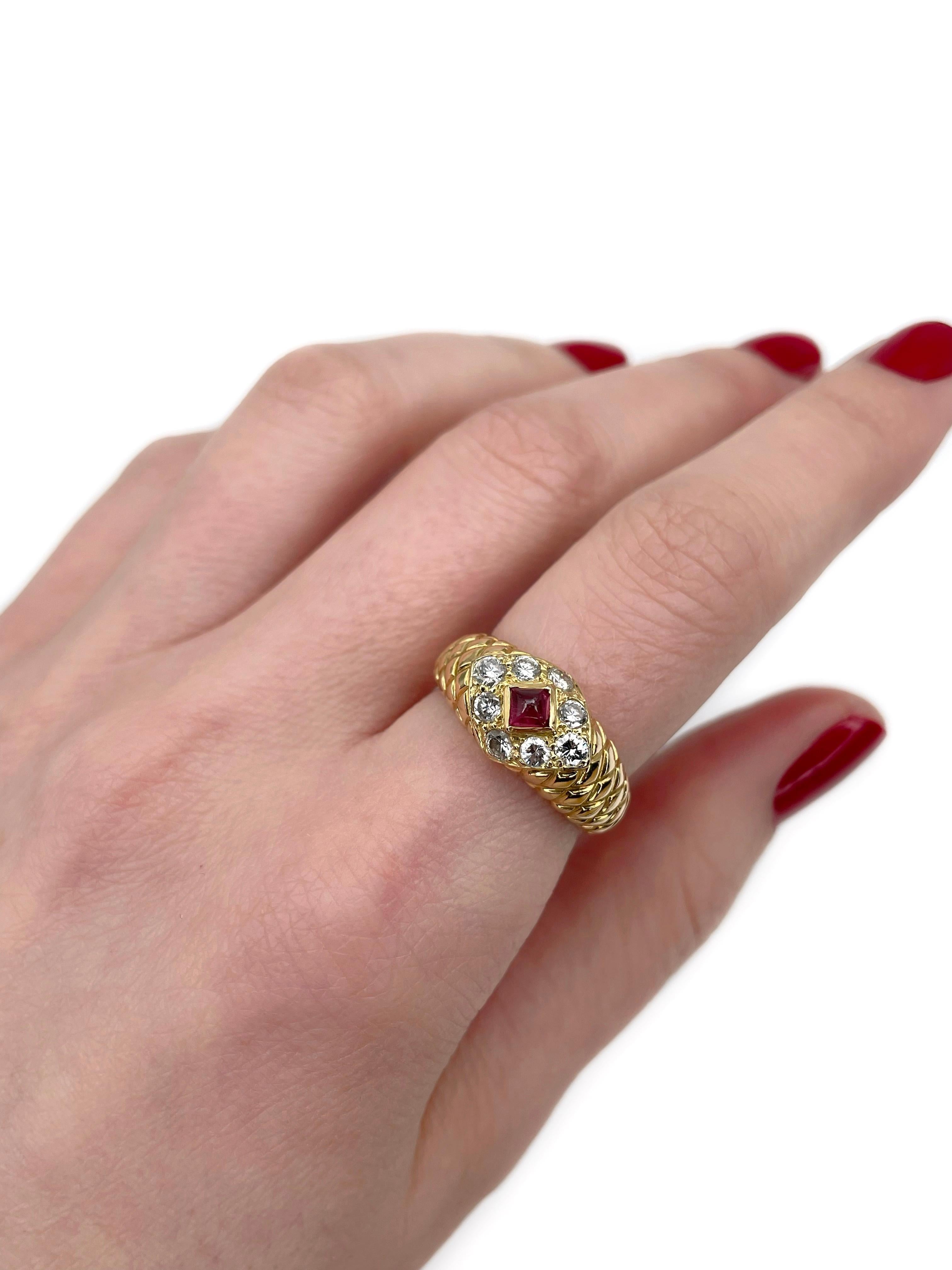 This is a vintage ring crafted in 18K gold. Circa 1980. 

The piece features:
- 1 ruby (square bulge cut, 0.23ct, R 7/4, P2)
- 8 diamonds (round brilliant cut, TW 0.55ct, RW-W, VS-SI)

Weight: 6.58g
Size: 17 (US 6.75)

IMPORTANT: please ask about