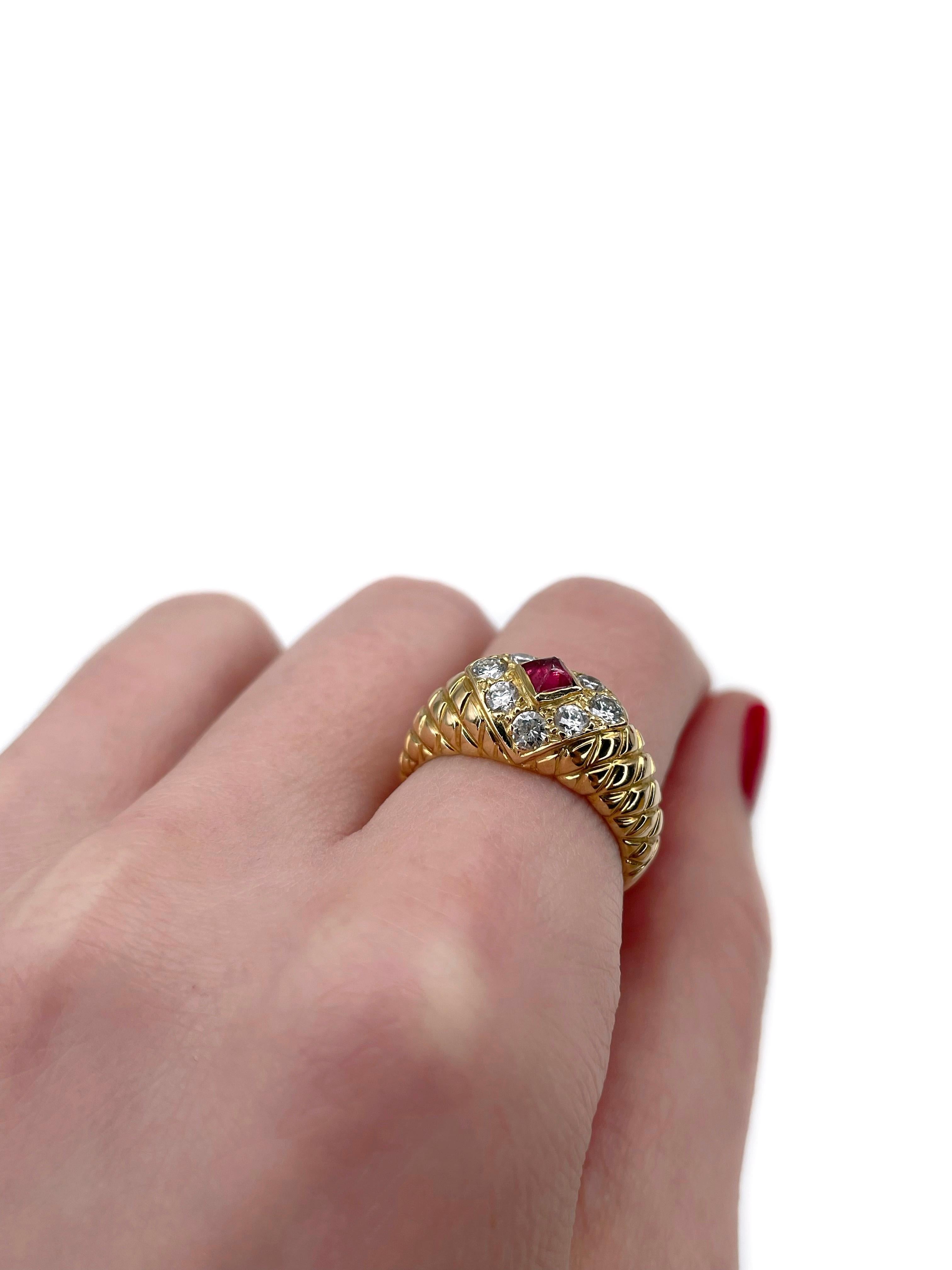 Modern Vintage 18 Karat Gold 0.23 Carat Bulge Cut Ruby 0.55 Carat Diamond Ring For Sale