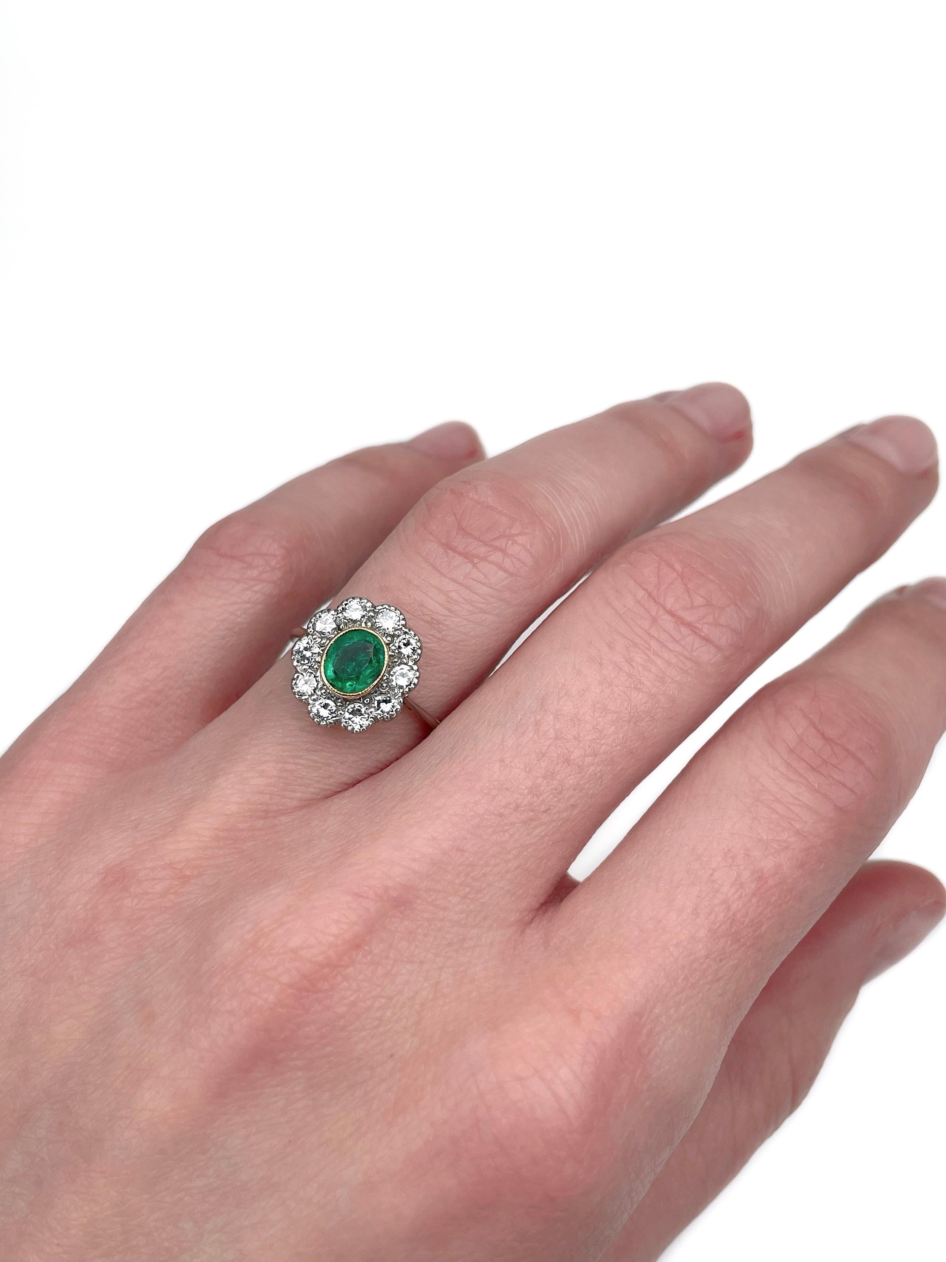 This is a vintage cluster ring crafted in 18K gold and adorned with 950 platinum. Circa 1960. 

It features:
- 1 emerald (oval cut, 0.50ct, vslbG 6/4, P1)
- 10 diamonds (round brilliant cut, TW 0.50ct, RW-W, VS)

Weight: 2.96g
Size: 16 (US