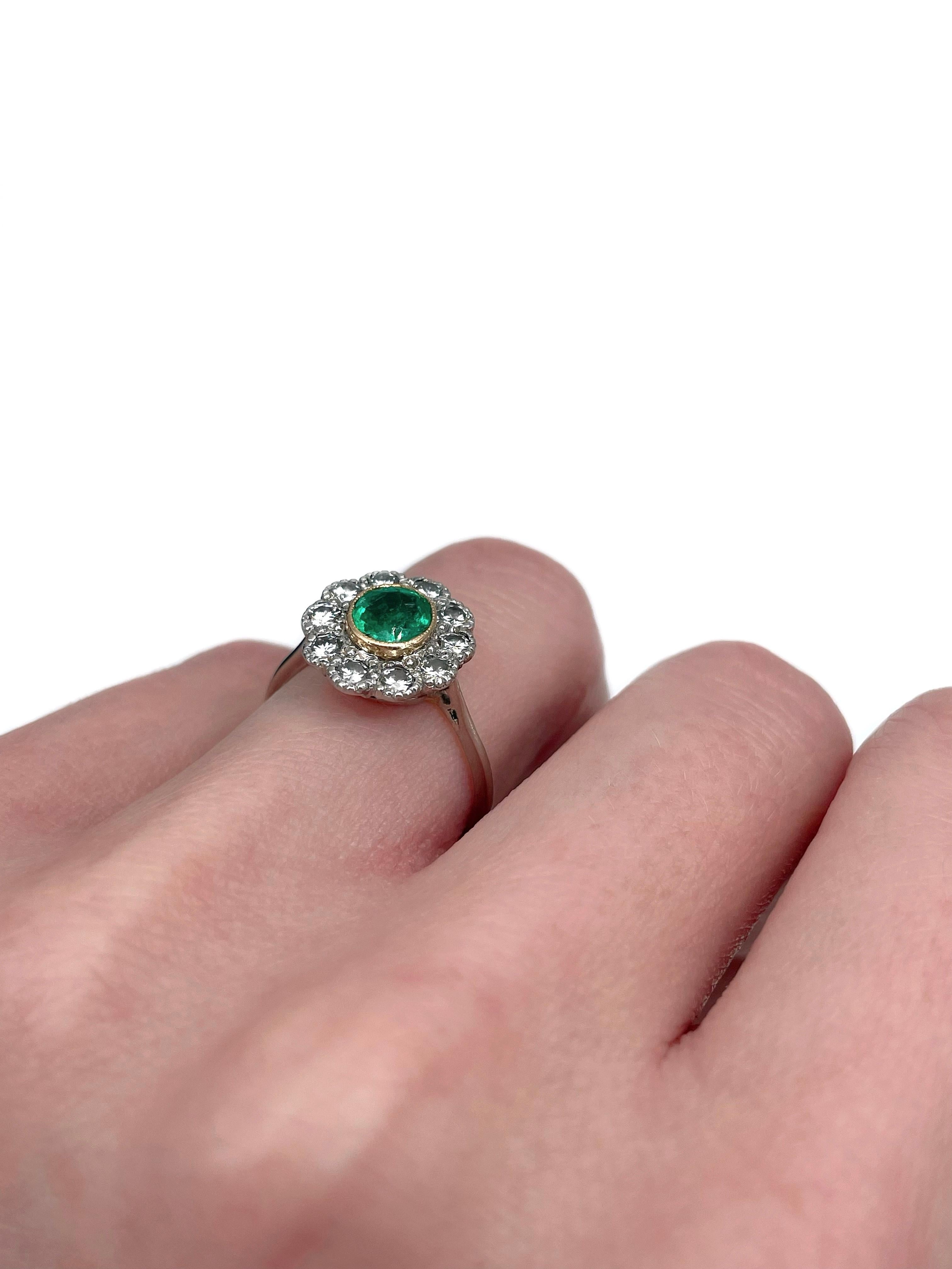 Mixed Cut Vintage 18 Karat Gold 0.50 Carat Emerald 0.50 Carat Diamond Cluster Ring