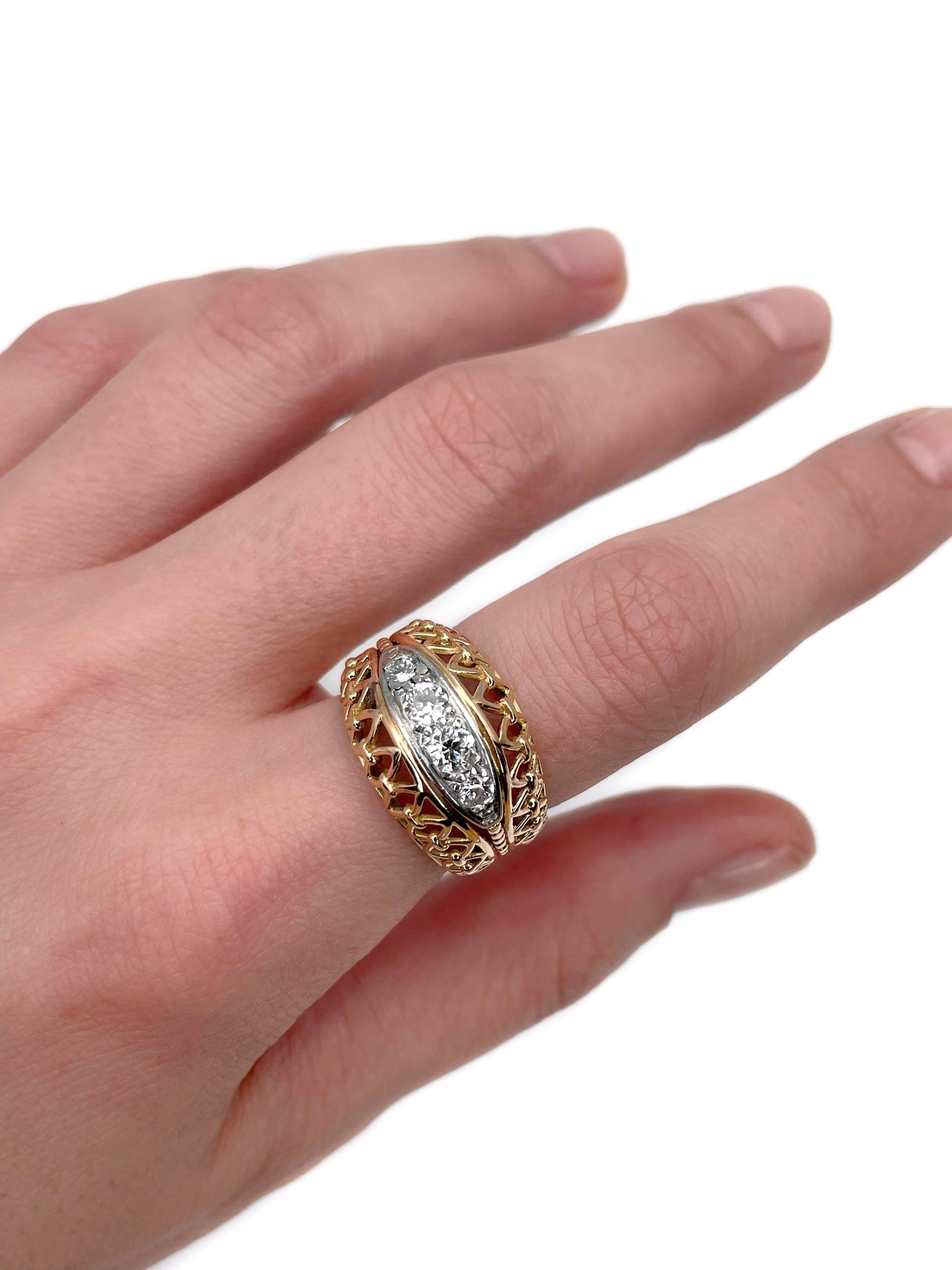 This is a vintage openwork cocktail ring crafted in 18K yellow gold. Circa 1970. 

It features 4 old cut diamond (TW 0.55ct, RW-W, SI-P1).

Weight: 6.20g 
Size: 16.75 (US 6.25)

IMPORTANT: please ask about the possibility to resize before purchase.