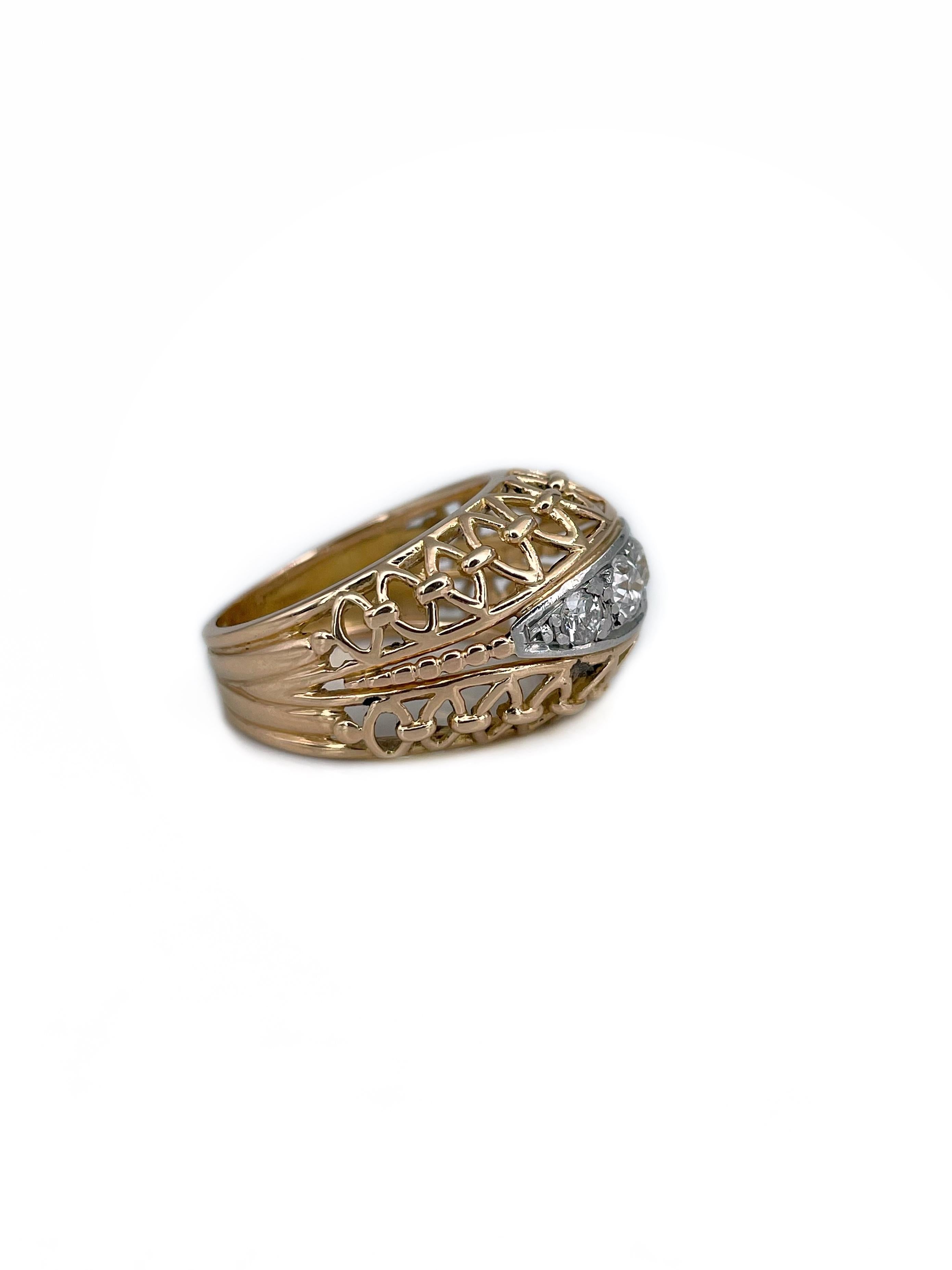 Mixed Cut Vintage 18 Karat Gold 0.55 Carat Diamond Openwork Cocktail Ring For Sale