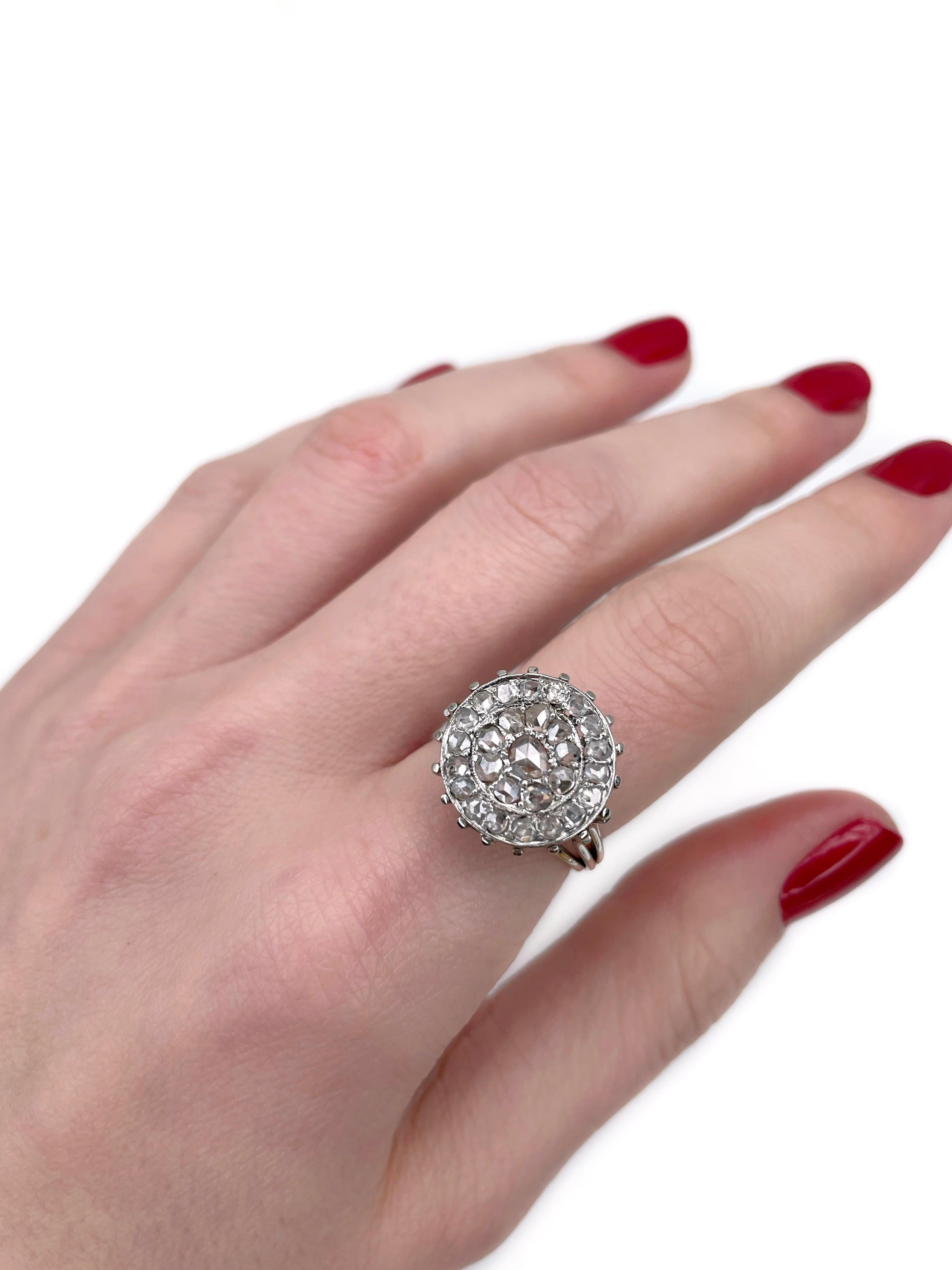 This is a vintage cocktail ring crafted in 18K white gold. Circa 1960. 

The piece features 28 rose cut diamonds: TW 0.55ct, RW-W, SI-P1.

Weight: 5.87g
Size: 16.75 (US 6.25)

IMPORTANT: please ask about the possibility to resize before purchase.
