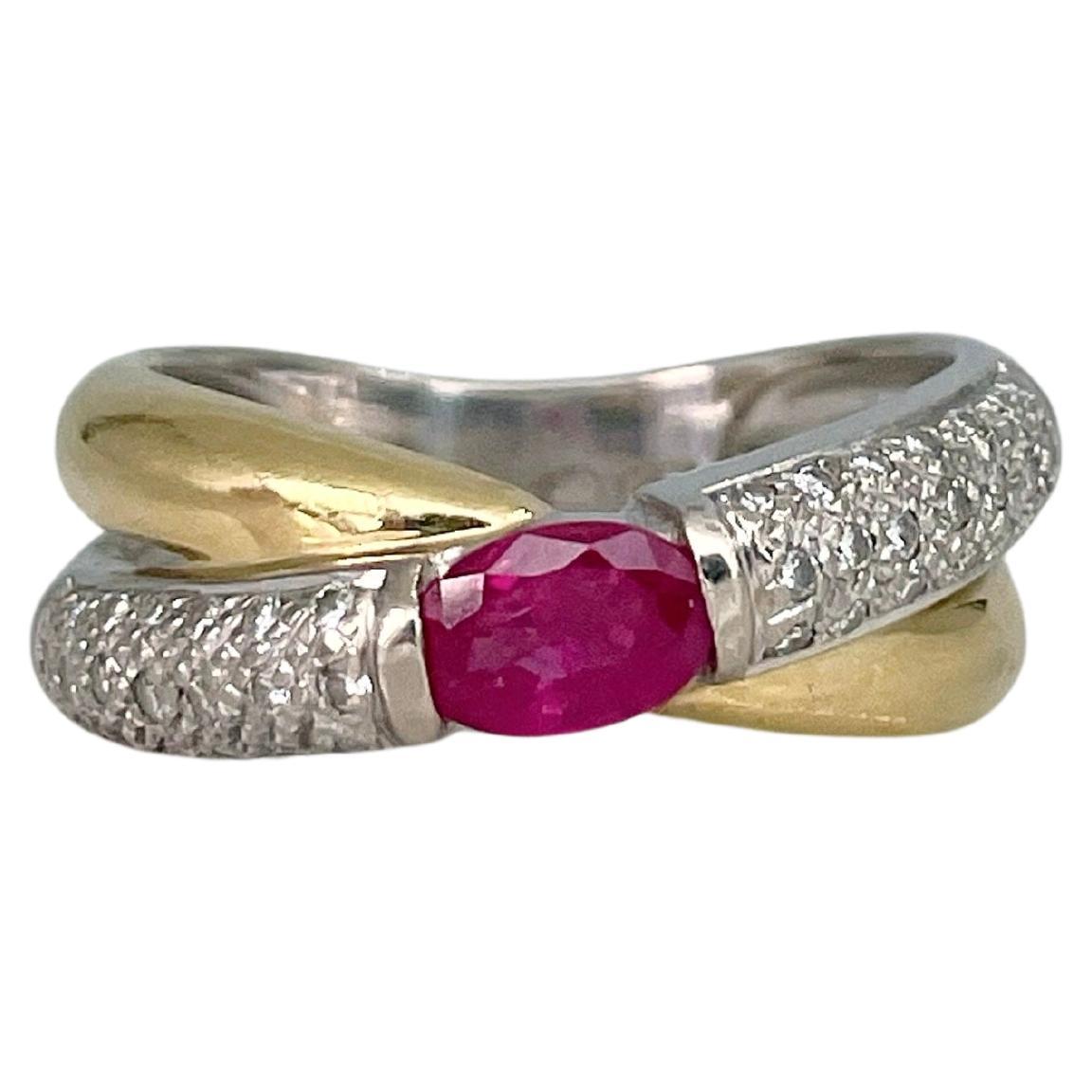 Vintage 18 Karat Gold 0.60 Carat Ruby 0.21 Carat Diamond Crossover Band Ring For Sale