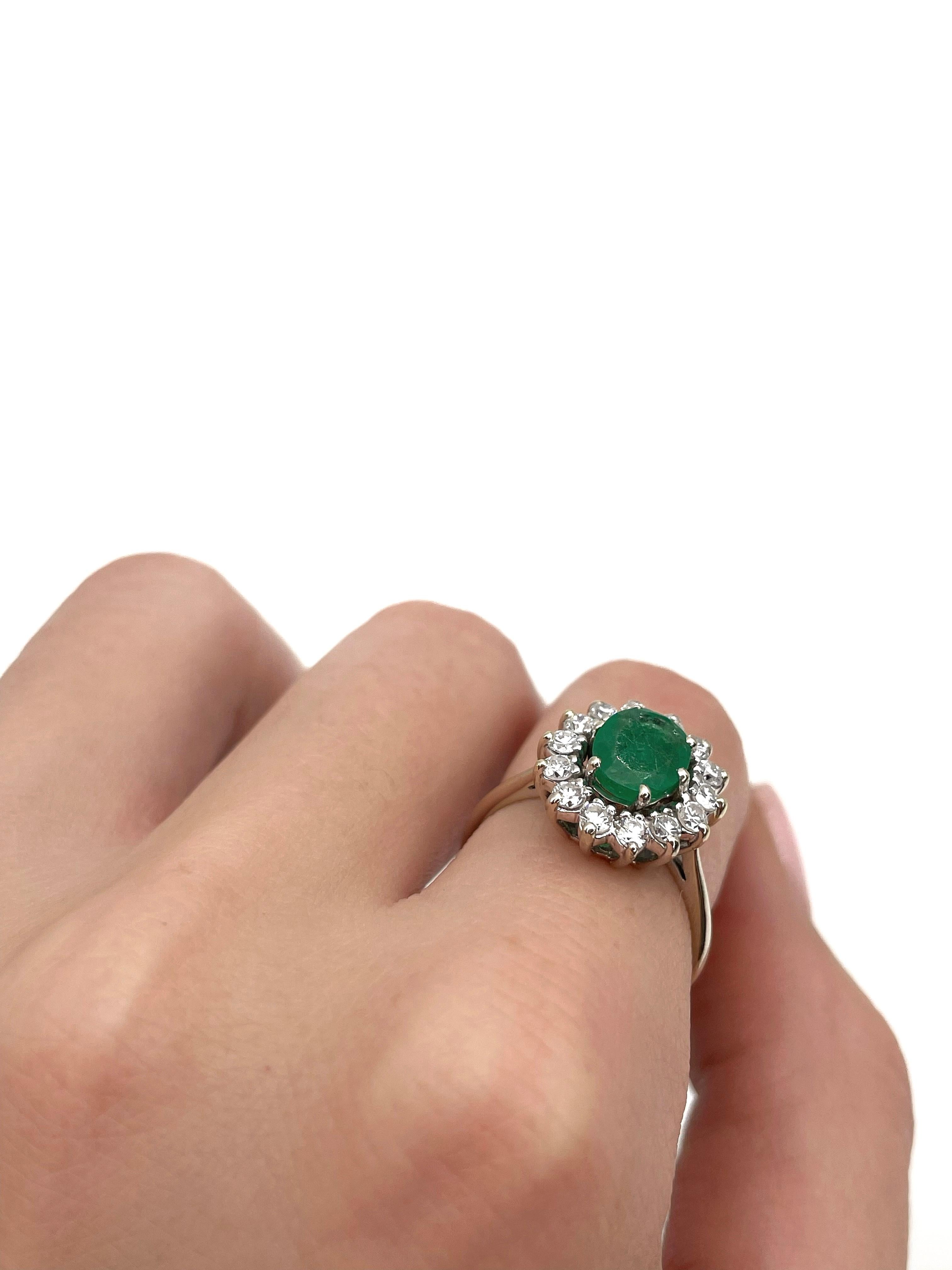 Modern Vintage 18 Karat Gold 0.80 Carat Emerald 0.50 Carat Diamond Cluster Ring For Sale