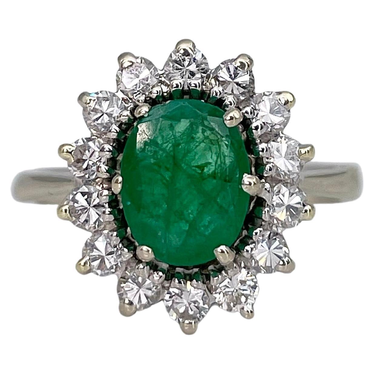 Vintage 18 Karat Gold 0.80 Carat Emerald 0.50 Carat Diamond Cluster Ring For Sale