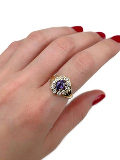Anillo vintage de oro de 18 quilates con zafiro púrpura de 0,80 quilates y diamantes de 0,55 quilates