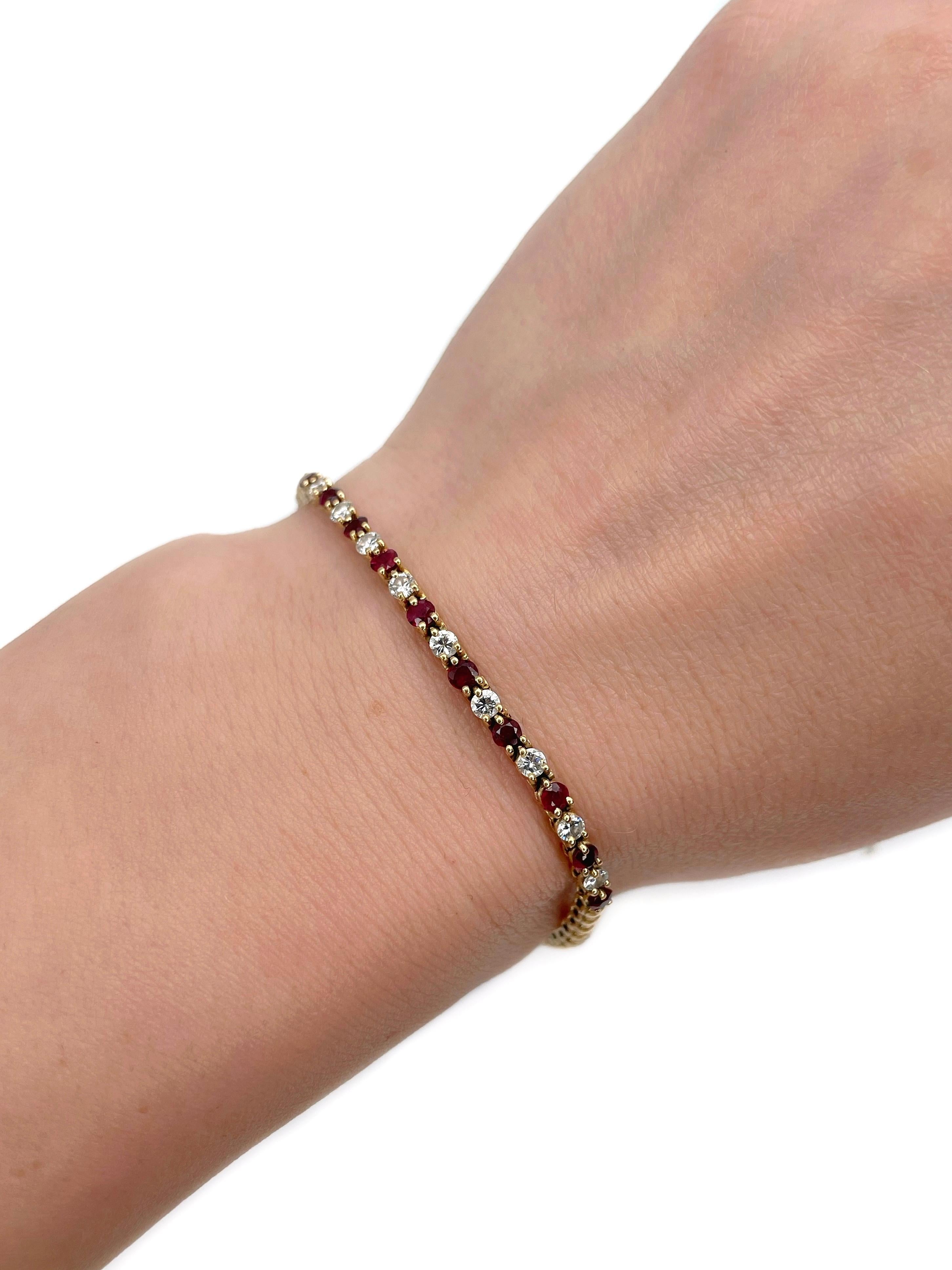This is a vintage tennis bracelet crafted in 18K yellow gold. Circa 1980. 

The piece features:
- 10 round cut rubies (TW 0.80ct, slpR 6/4, VS-SI)
- 9 round brilliant cut diamonds (TW 0.55ct, RW-W, VS-SI)

Weight: 9.63g
Length: 17cm 

———

If you