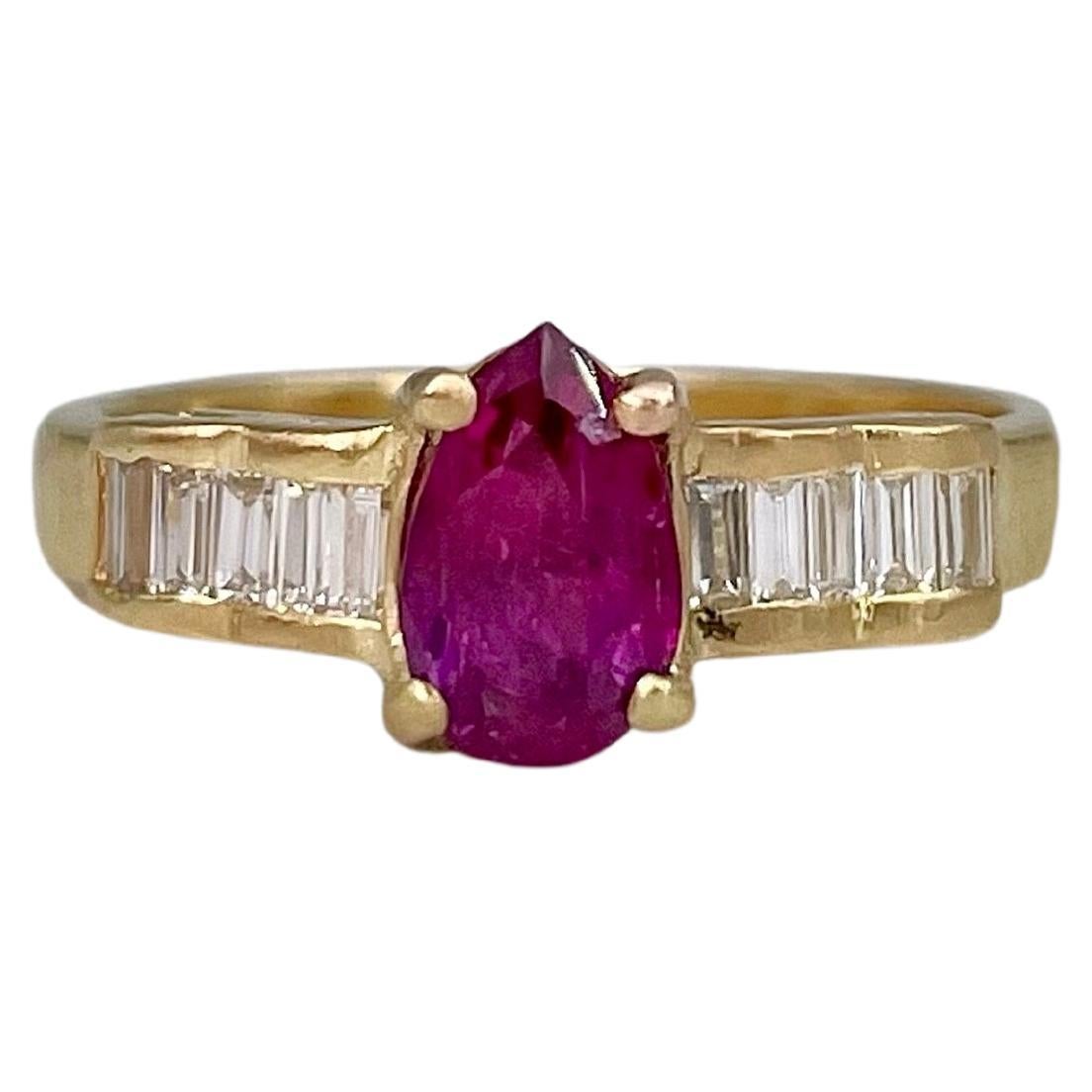 Vintage 18 Karat Gold 1 Carat Pear Cut Ruby 0.25 Carat Diamond Band Ring