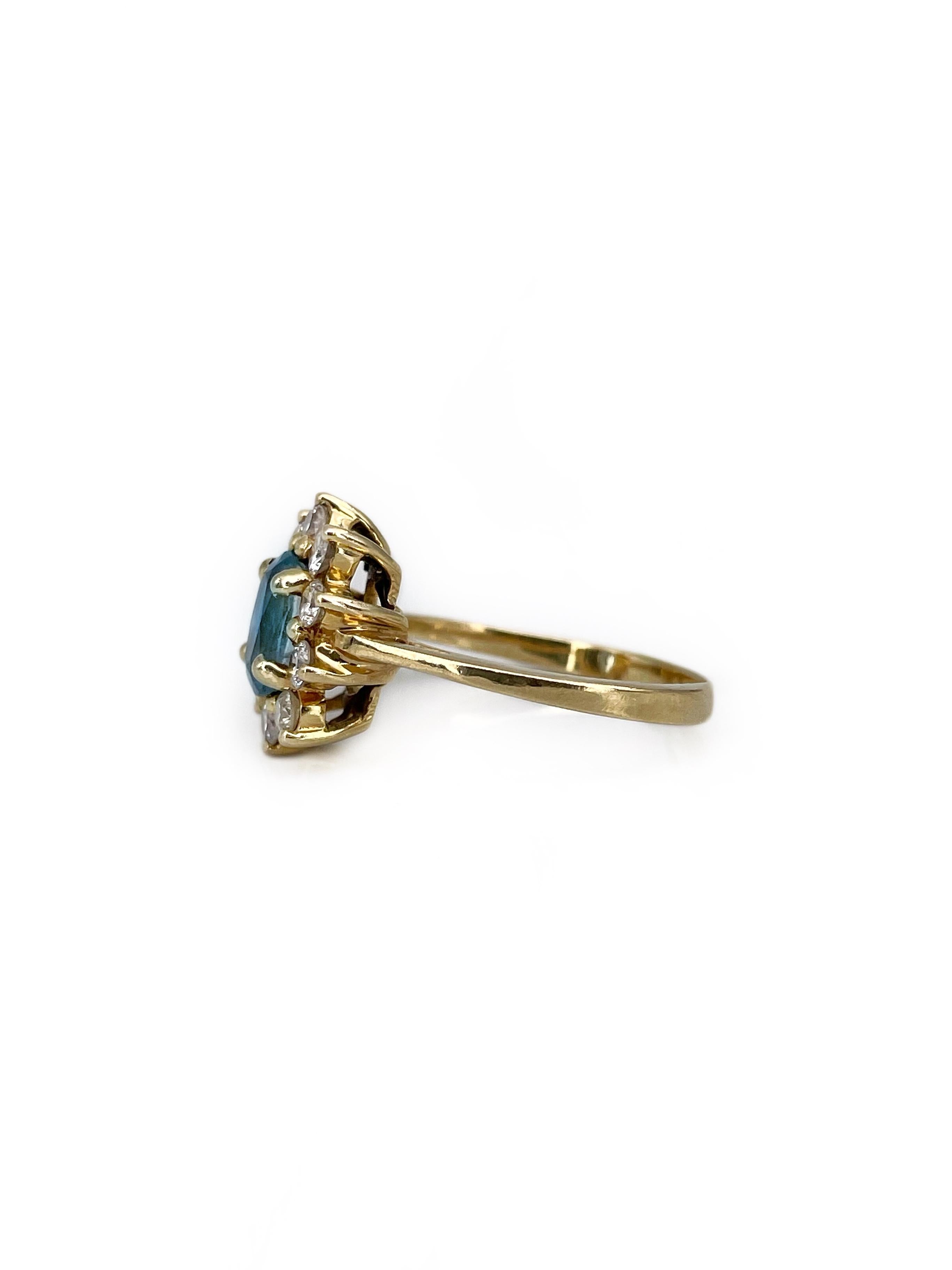 Women's Vintage 18 Karat Gold 1.00 Carat Aquamarine 0.45 Carat Diamond Cluster Ring