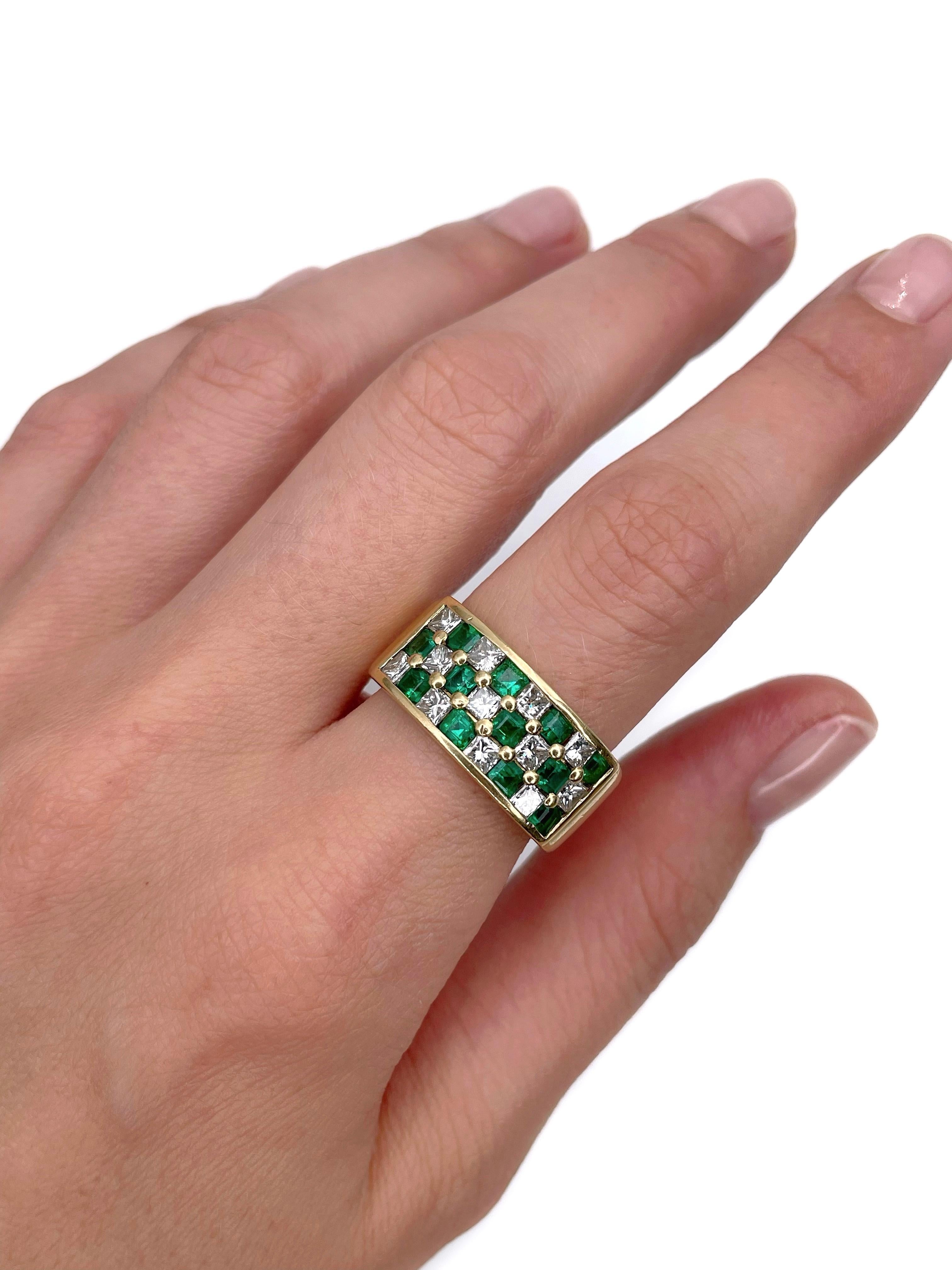 This is a vintage wide band ring crafted in 18K yellow gold. Circa 1980. 

The piece features:
- 12 emeralds (square emerald cut, TW 1.00ct, vslbG 5/5, SI)
- 12 diamonds (princess cut, TW 1.25ct, RW-W, VS-SI)

Weight: 15.24g
Size: 18.5 (US