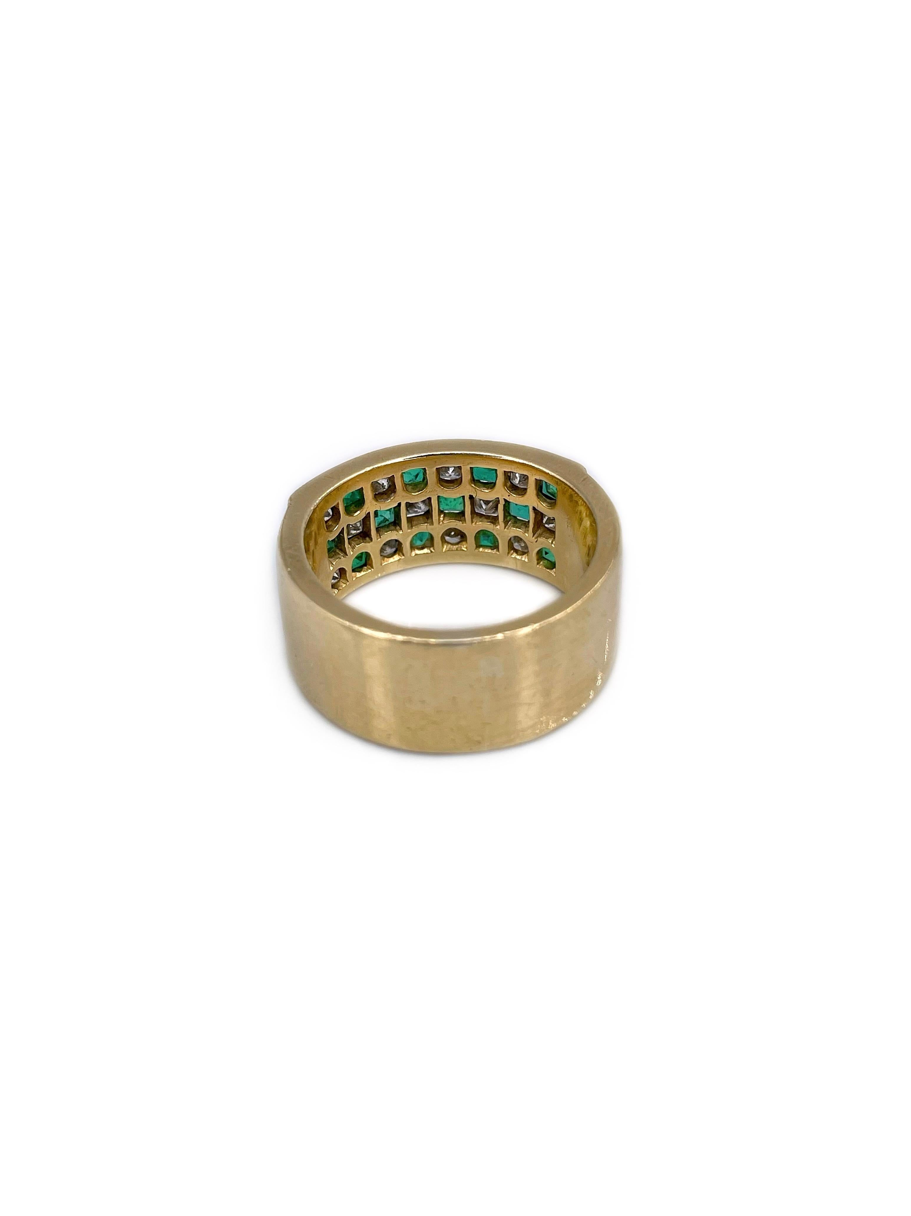 Modern Vintage 18 Karat Gold 1.00 Carat Emerald 1.25 Carat Diamond Wide Band Ring For Sale