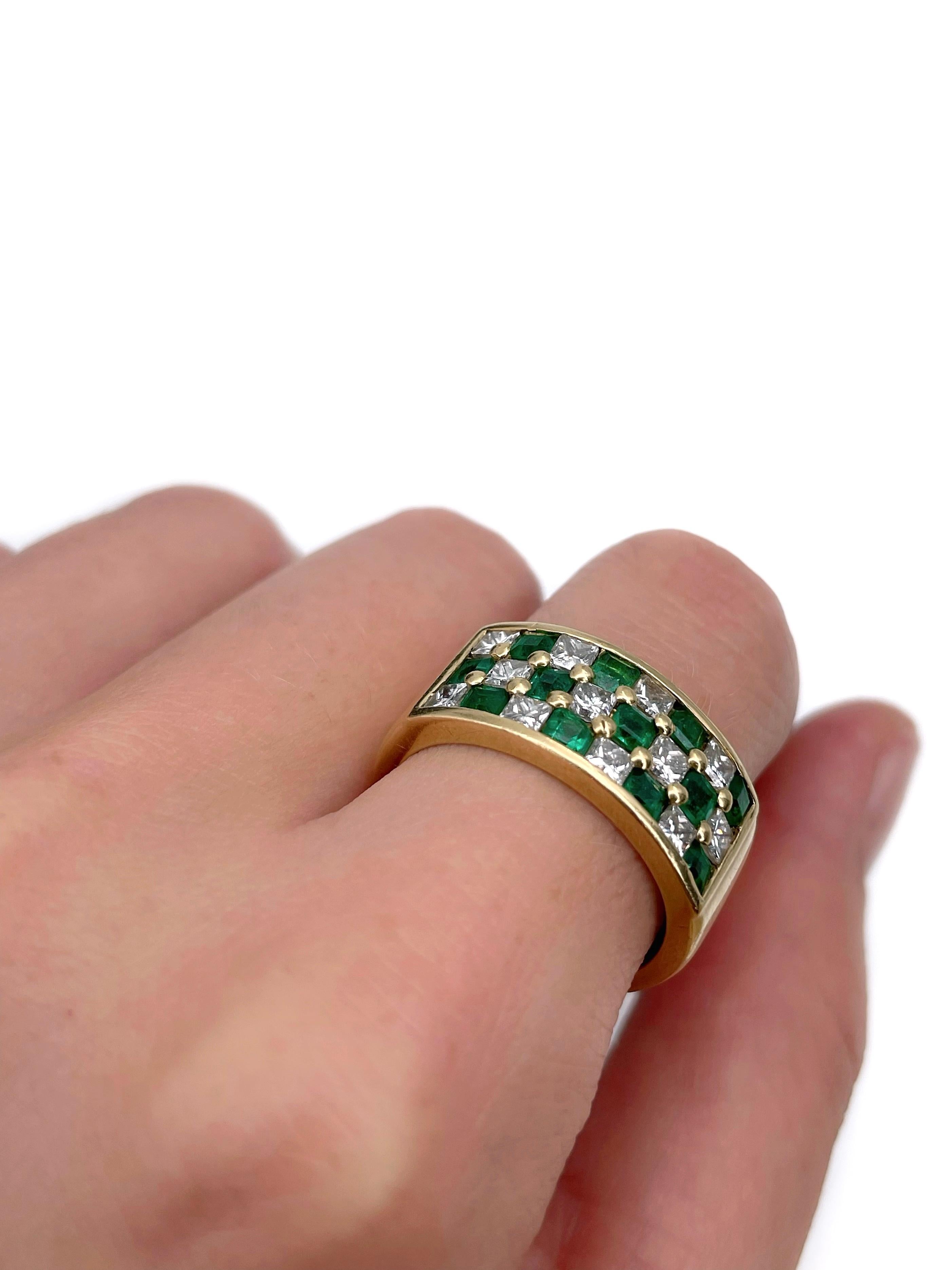 Mixed Cut Vintage 18 Karat Gold 1.00 Carat Emerald 1.25 Carat Diamond Wide Band Ring For Sale
