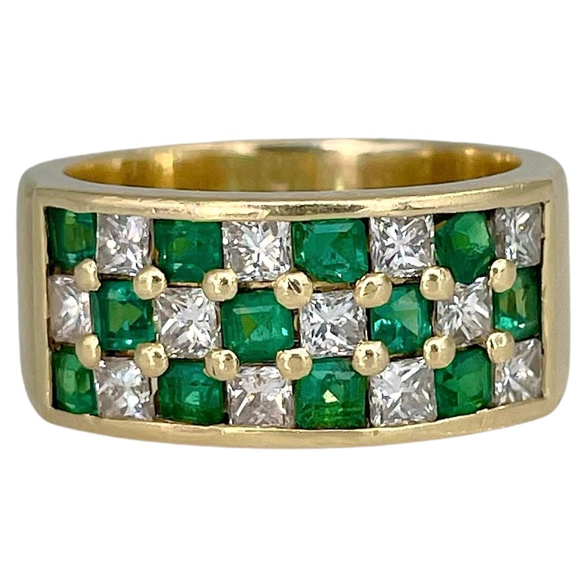 Vintage 18 Karat Gold 1.00 Carat Emerald 1.25 Carat Diamond Wide Band Ring For Sale