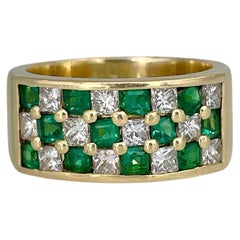 Retro 18 Karat Gold 1.00 Carat Emerald 1.25 Carat Diamond Wide Band Ring