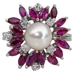 Retro 18 Karat Gold 1.00 Carat Ruby 0.25 Carat Diamond Pearl Cocktail Ring