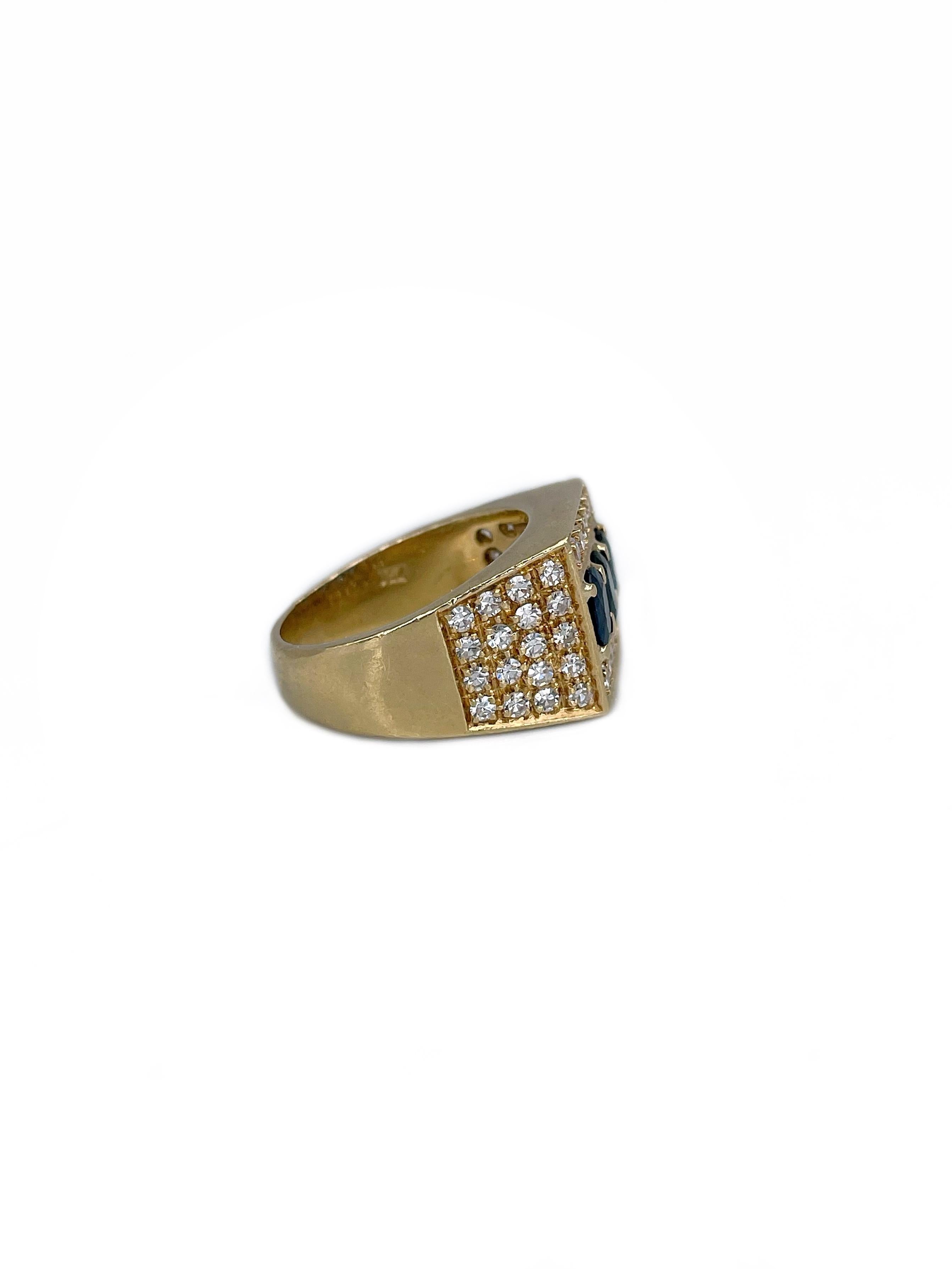 This is a vintage three-stone ring crafted in 18K yellow gold. Circa 1970. 

The piece features:
- 3 sapphires (oval cut, TW 1.00ct, vB 7/5, VS, H)
- 46 diamonds (17 facet, TW 0.73ct, RW, VS)

Weight: 9.86g
Size: 16.75 (US 6.25)

IMPORTANT: please
